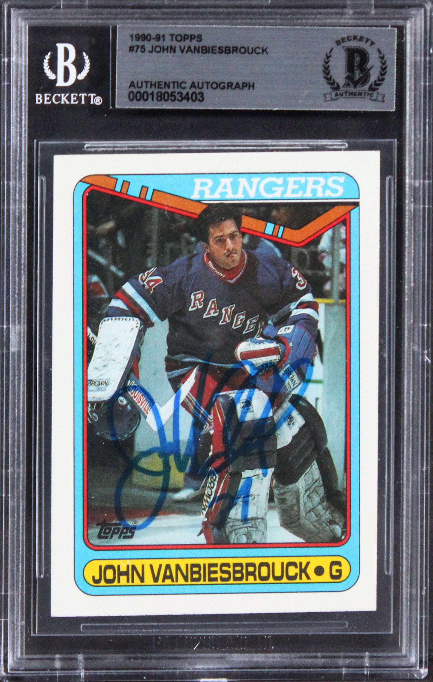 Rangers John Vanbiesbrouck Authentic Signed 1990 Topps #75 Card BAS Slabbed