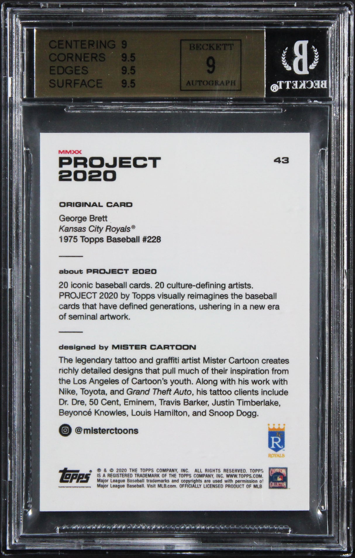 Royals George Brett Signed Topps Project 2020 #43 Card 9.5, Auto 9! BAS Slabbed