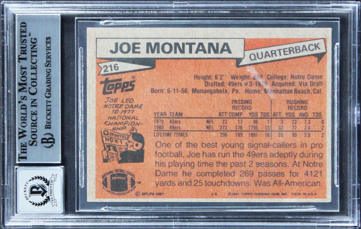 49ers Joe Montana "HOF 2000" Signed 1981 Topps #216 Rookie Card BAS Slabbed 2