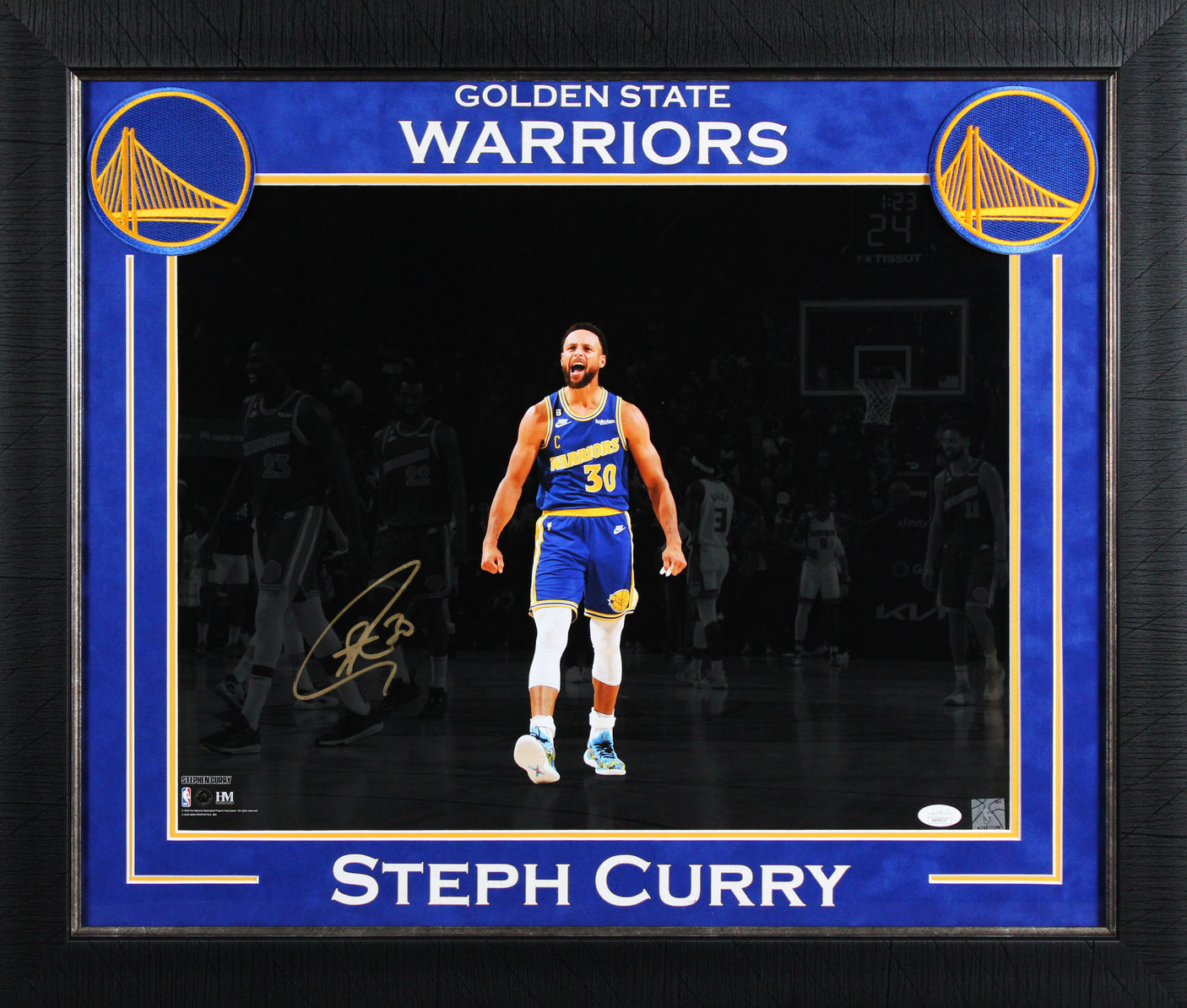 Warriors Stephen Curry Signed 16x20 Horizontal Spotlight Framed Photo JSA 2