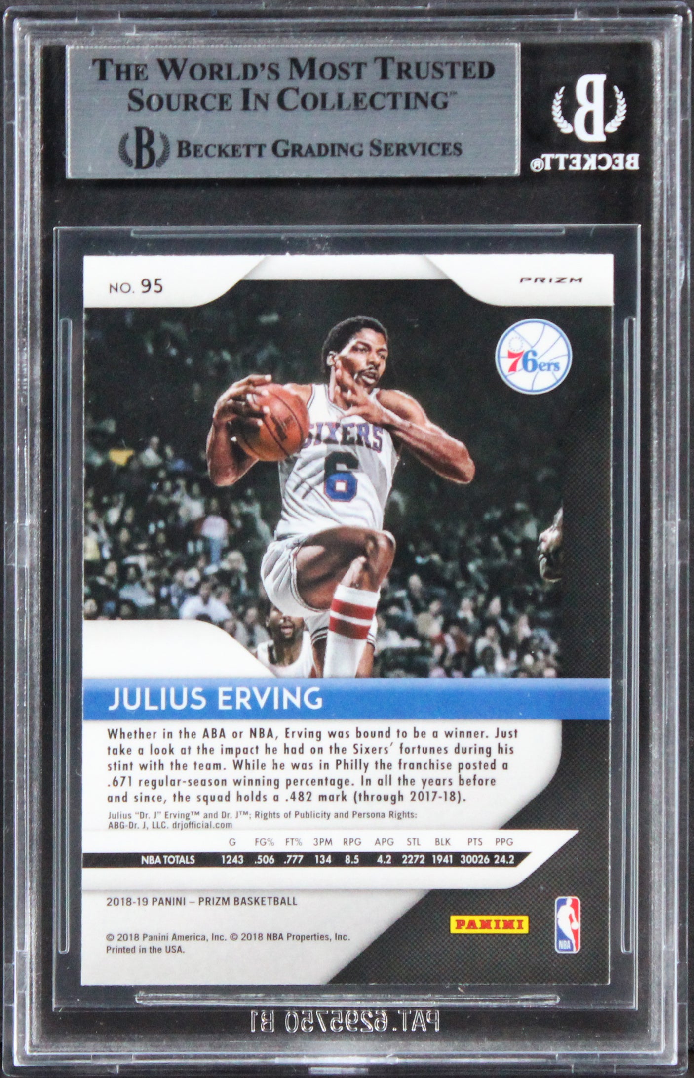 76ers Julius Erving Signed 2018 Panini Prizm Prizms Silver #95 Card BAS Slabbed