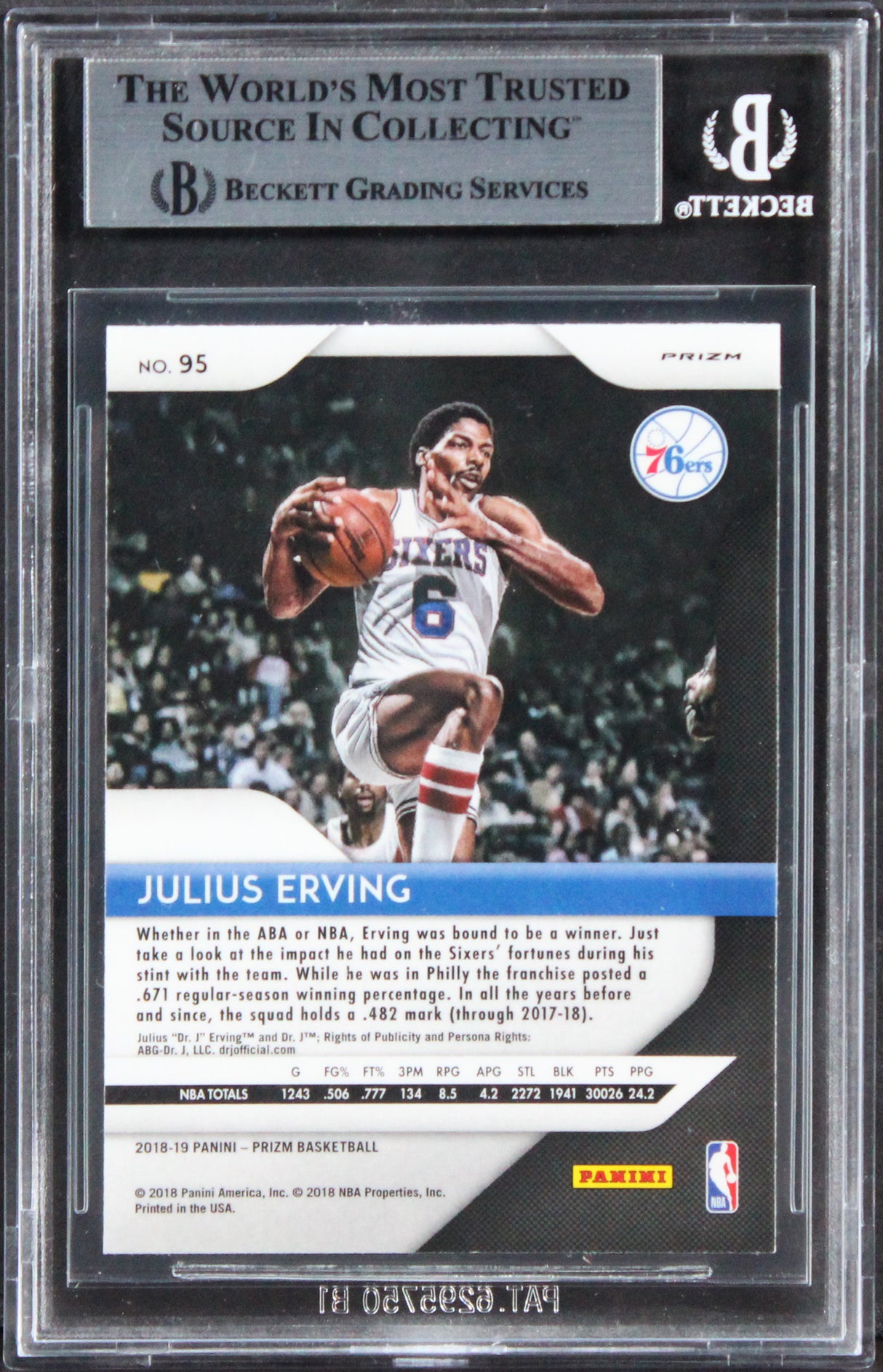 76ers Julius Erving Signed 2018 Panini Prizm Prizms Silver #95 Card BAS Slabbed