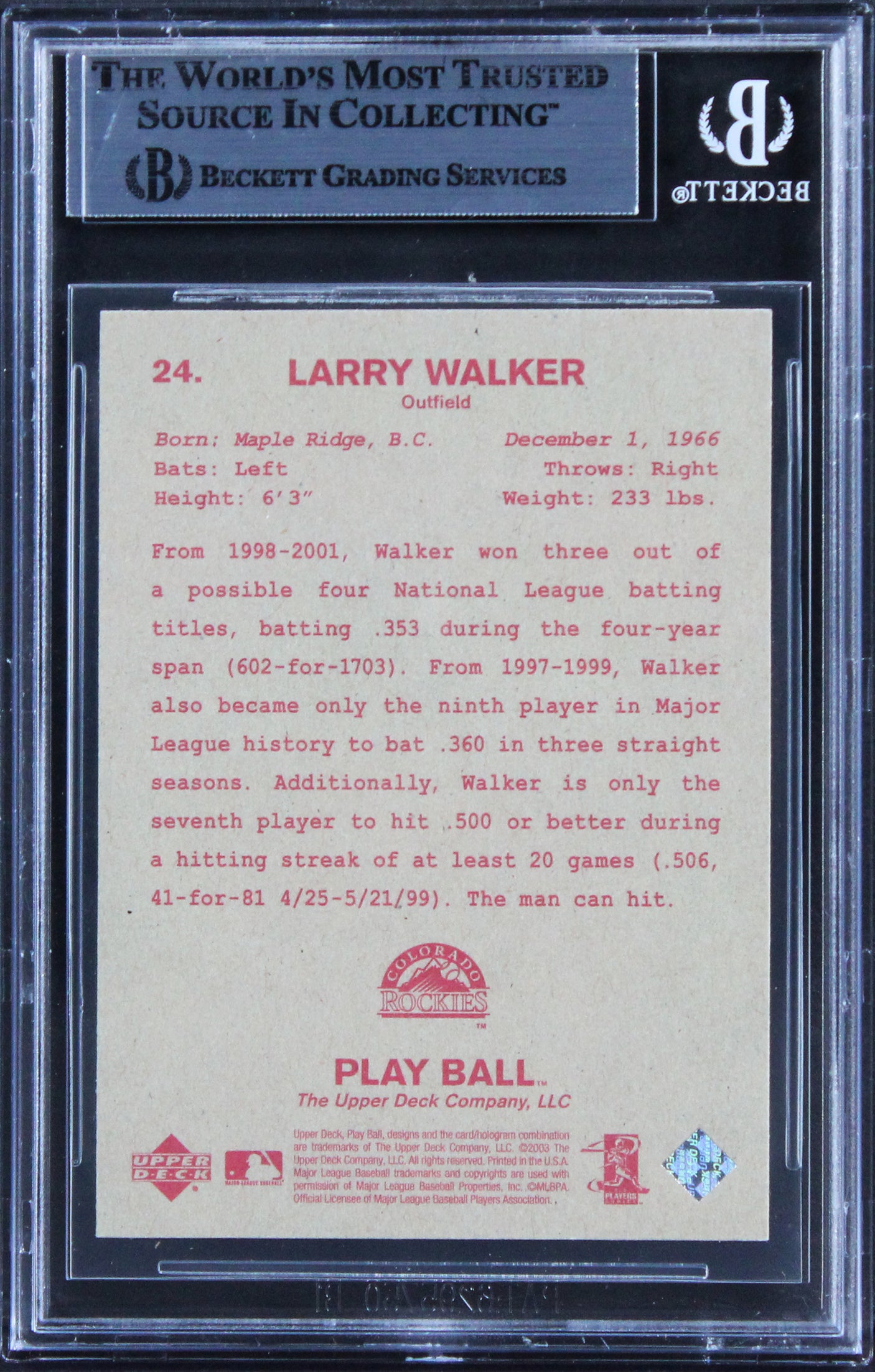 Rockies Larry Walker "w/ 2x Insc" Signed 2003 Upper Deck PB RB #24 Card BAS Slab