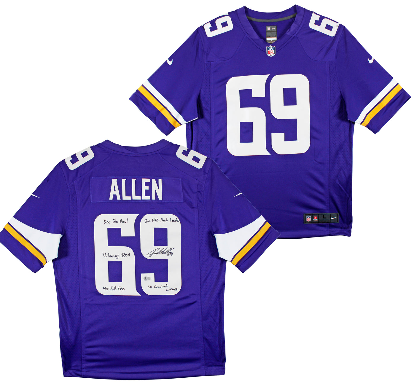 Vikings Jared Allen "5x Insc" Signed Purple Nike Limited Jersey BAS Witnessed