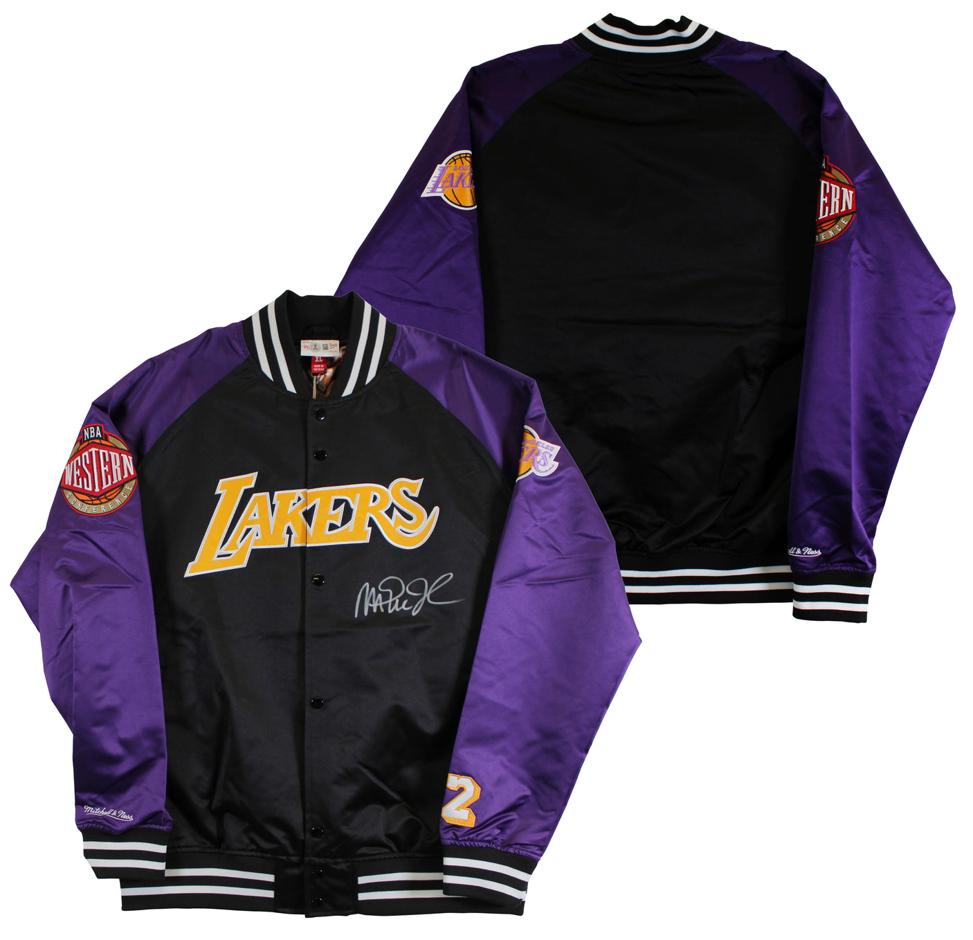 Lakers Magic Johnson Signed Black M&N Warm Up Jacket w/ Patches BAS Witnessed 2