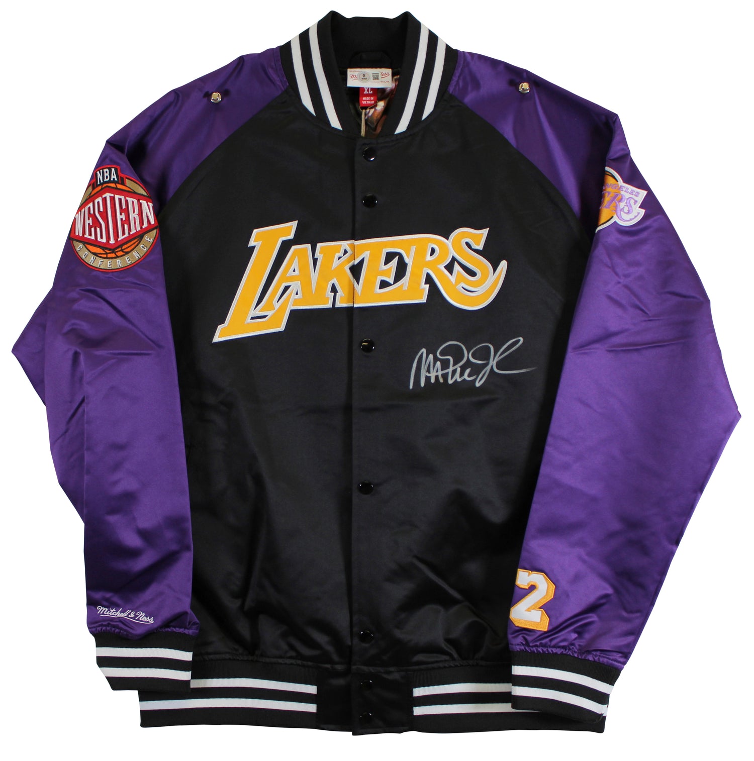 Lakers Magic Johnson Signed Black M&N Warm Up Jacket w/ Patches BAS Witnessed 2