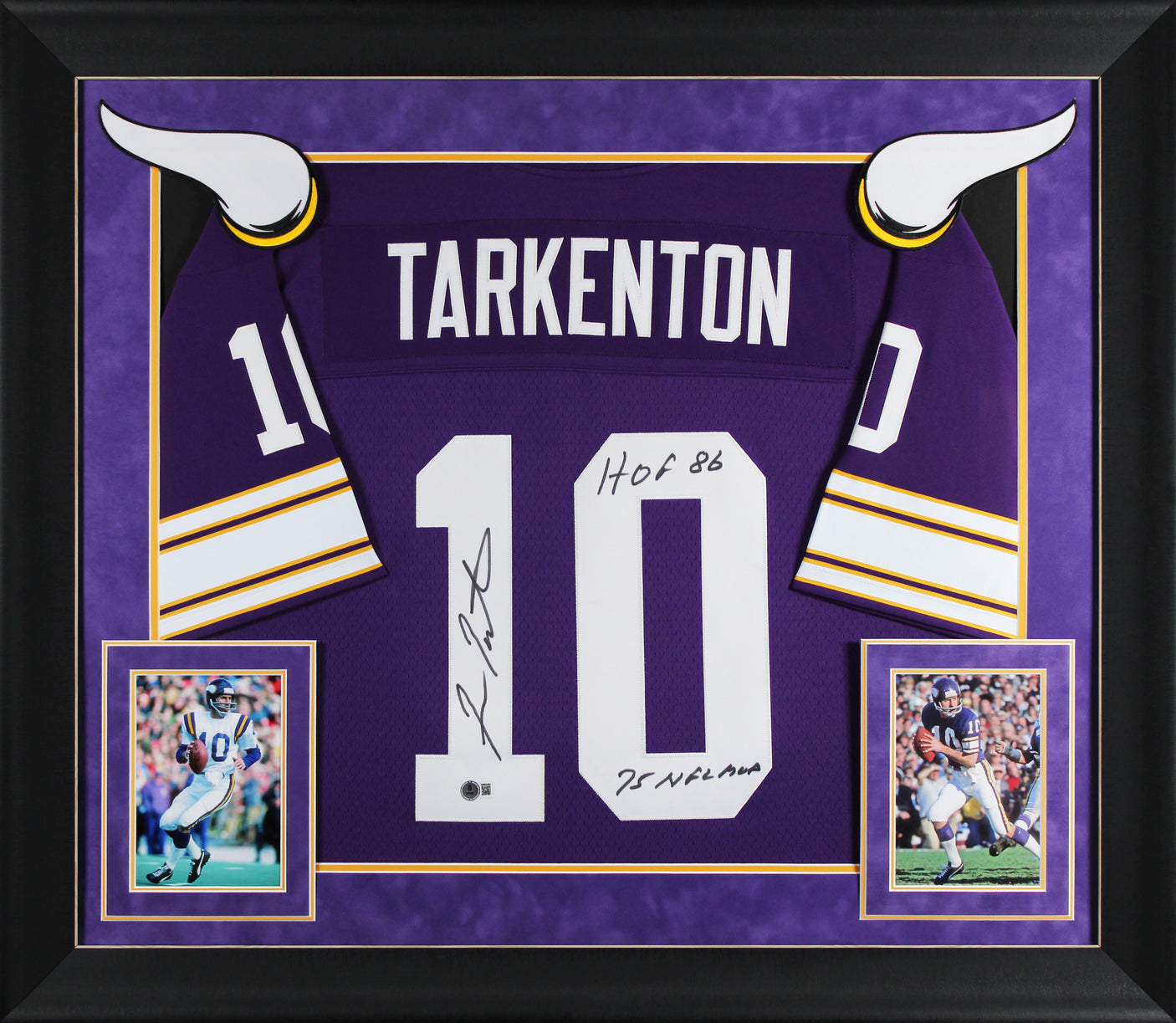 Vikings Fran Tarkenton "2x Insc" Signed Purple M&N TB Framed Jersey BAS Witness