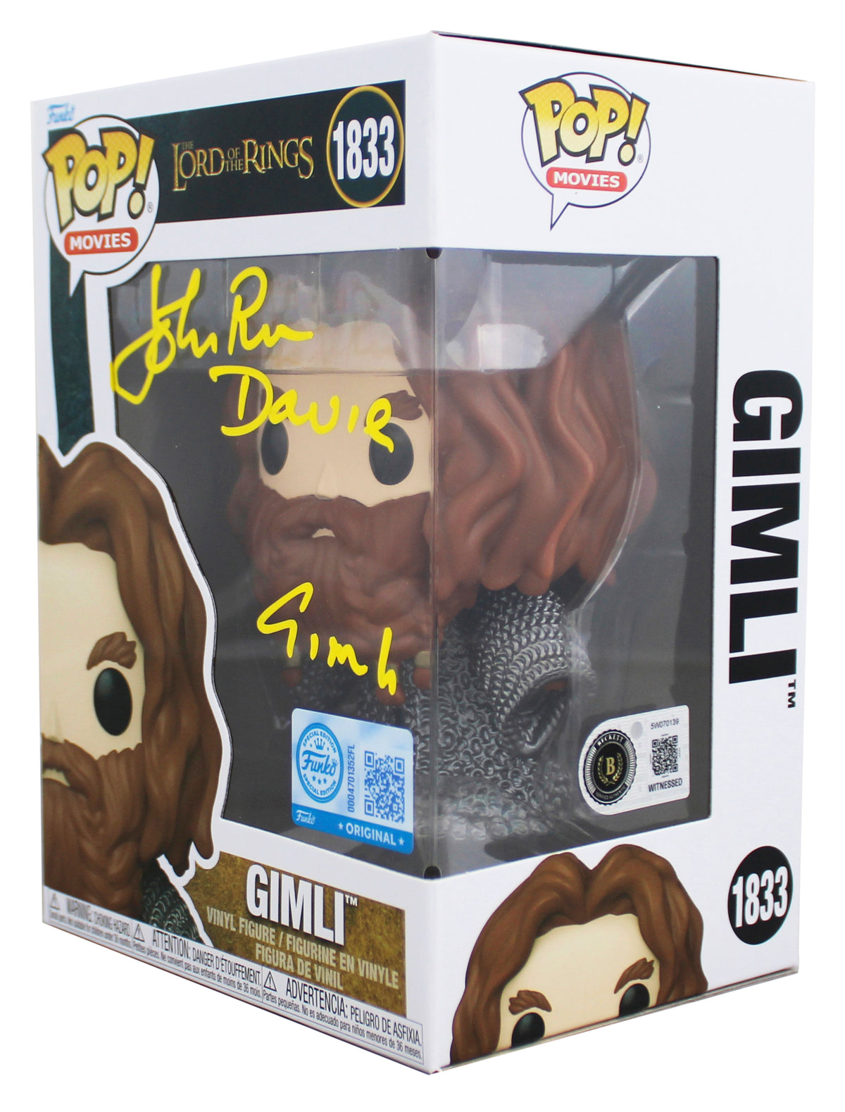 John Rhys-Davies LOTR "Gimli" Signed #1833 Funko Pop Figure w/ Yellow Sig BAS W