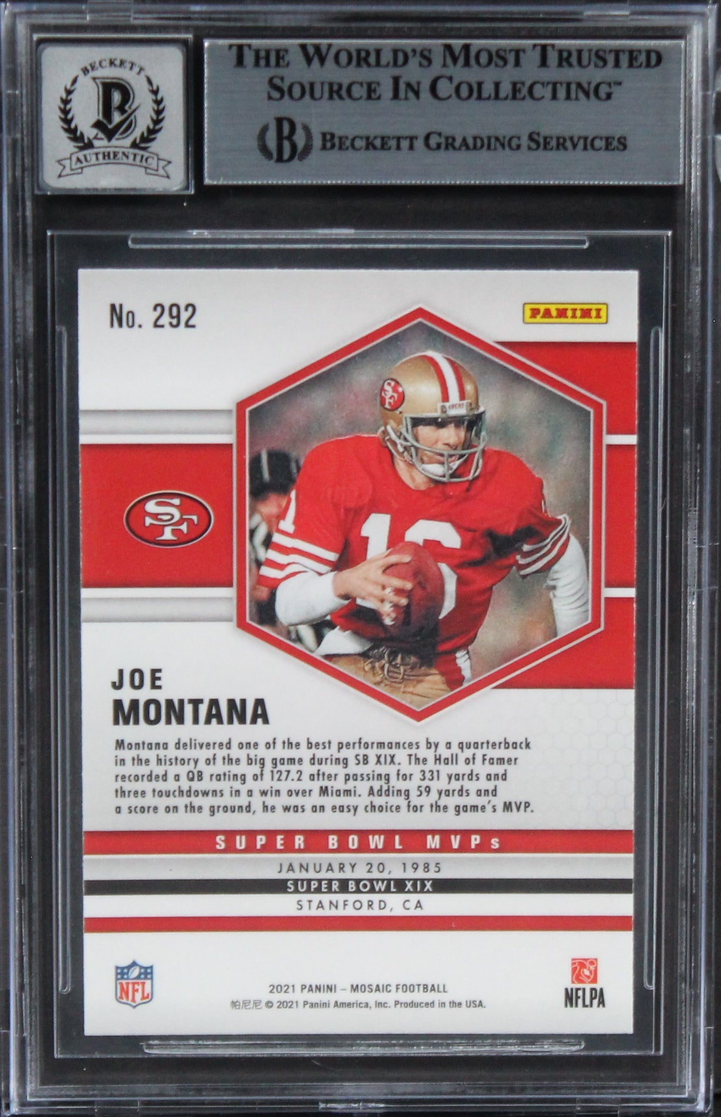49ers Joe Montana Signed 2021 Panini Mosaic #292 MVP Card Auto 10! BAS Slabbed