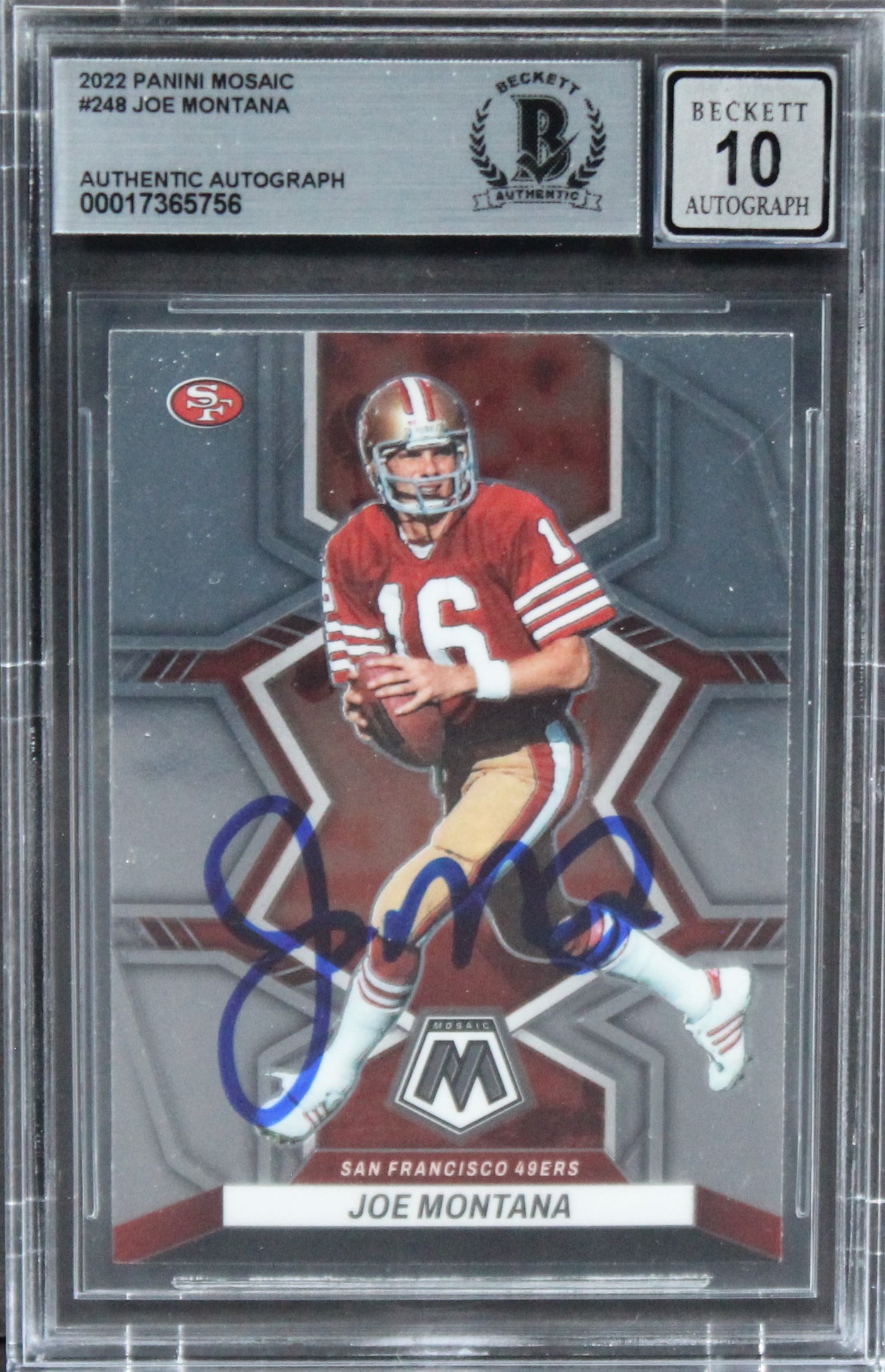 49ers Joe Montana Signed 2022 Panini Mosaic #248 Card Auto Grade 10! BAS Slabbed