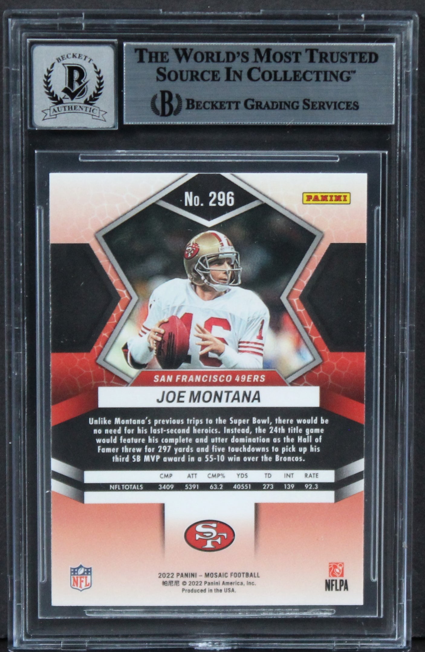 49ers Joe Montana Signed 2022 Panini Mosaic #296 MVP Card Auto 10! BAS Slabbed