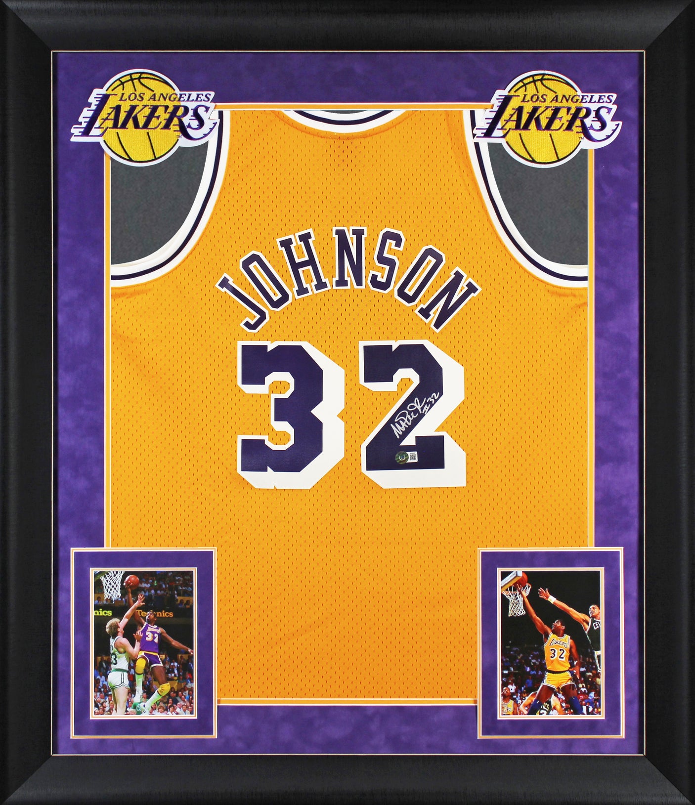 Lakers Magic Johnson "#32" Signed M&N HWC Swingman Yellow Framed Jersey BAS Wit