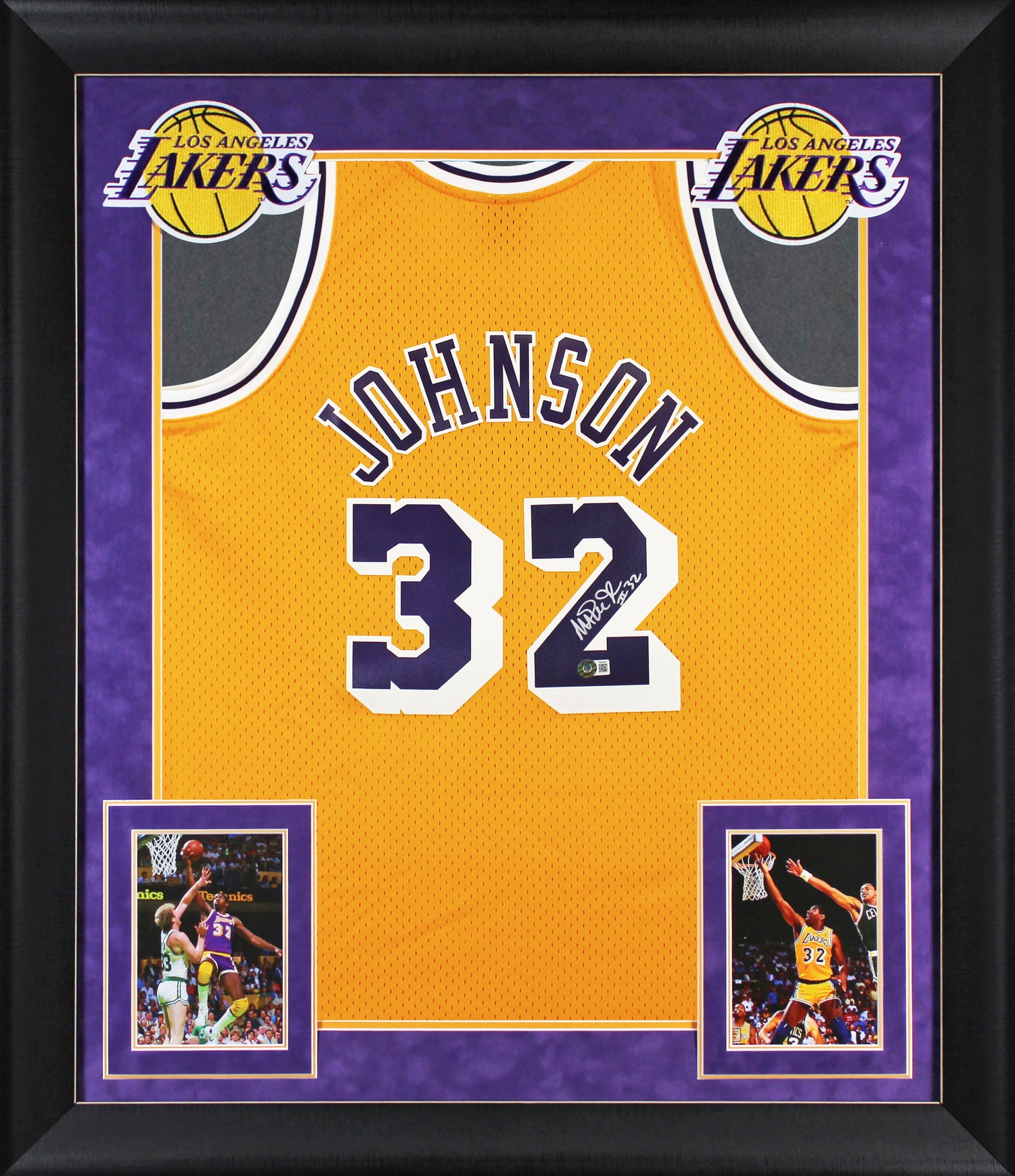 Lakers Magic Johnson "#32" Signed M&N HWC Swingman Yellow Framed Jersey BAS Wit