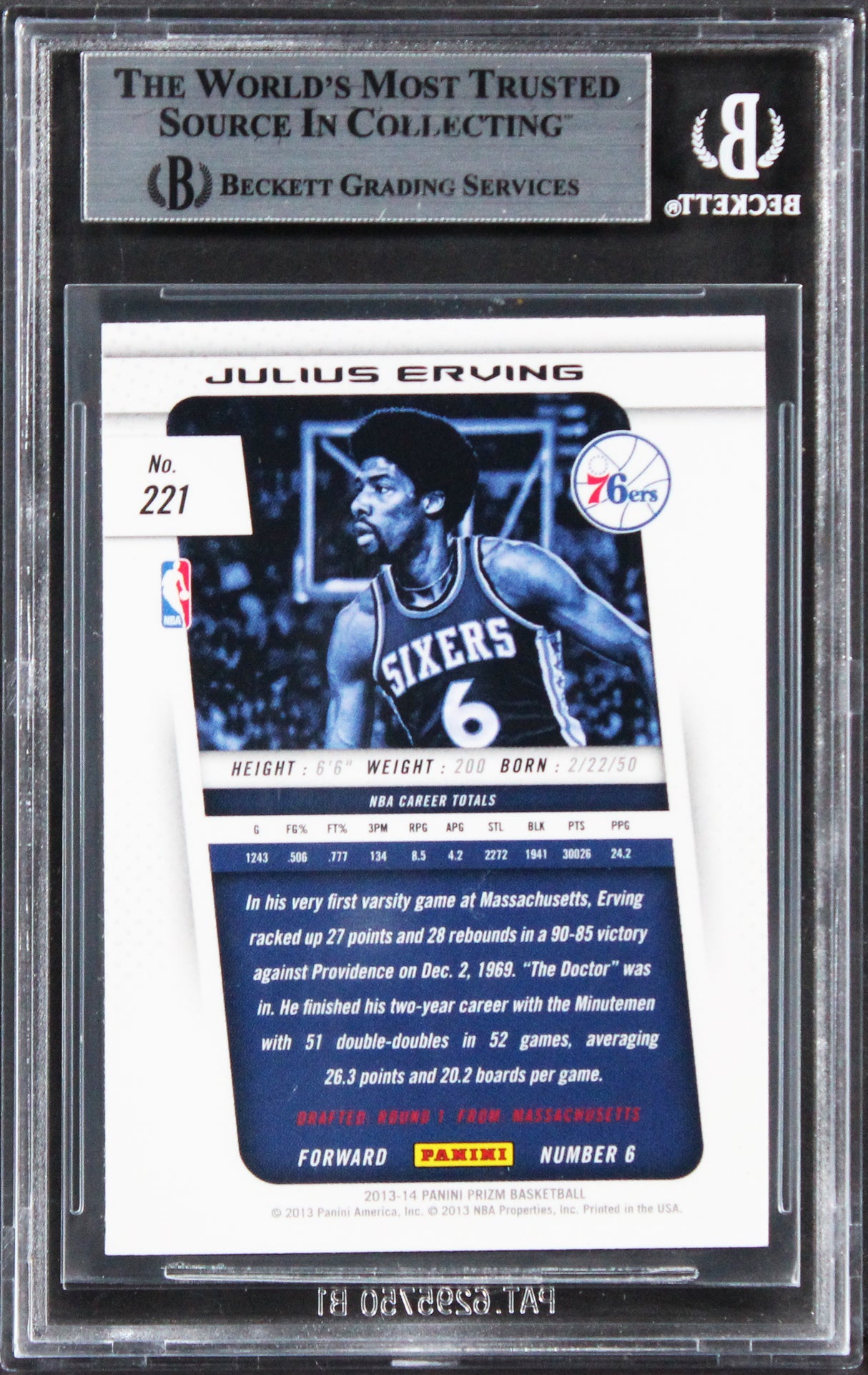 76ers Julius Erving Authentic Signed 2013 Panini Prizm #221 Card BAS Slabbed