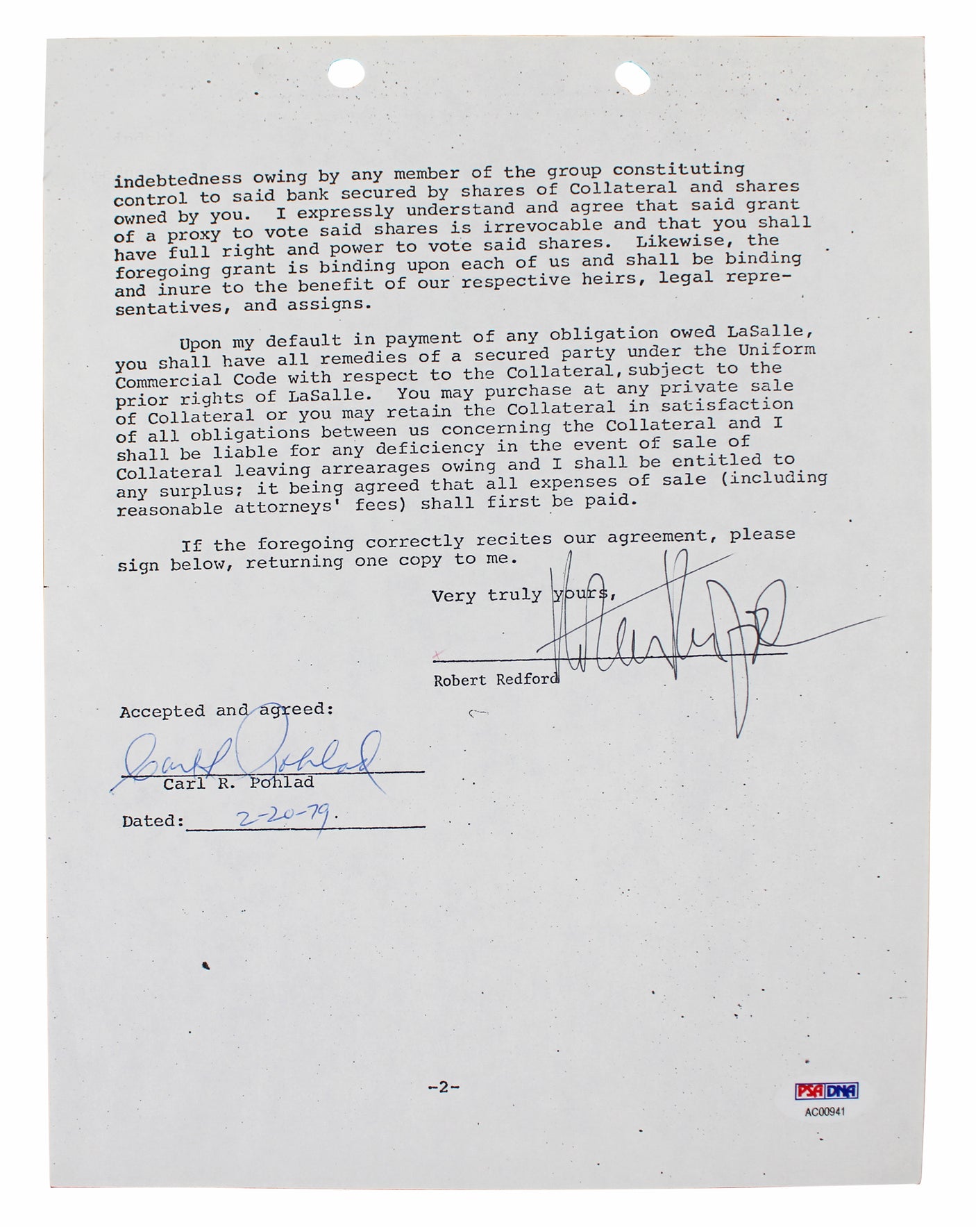 Robert Redford The Natural Authentic Signed 2 Page 8.5x11 Contract PSA #AC00941