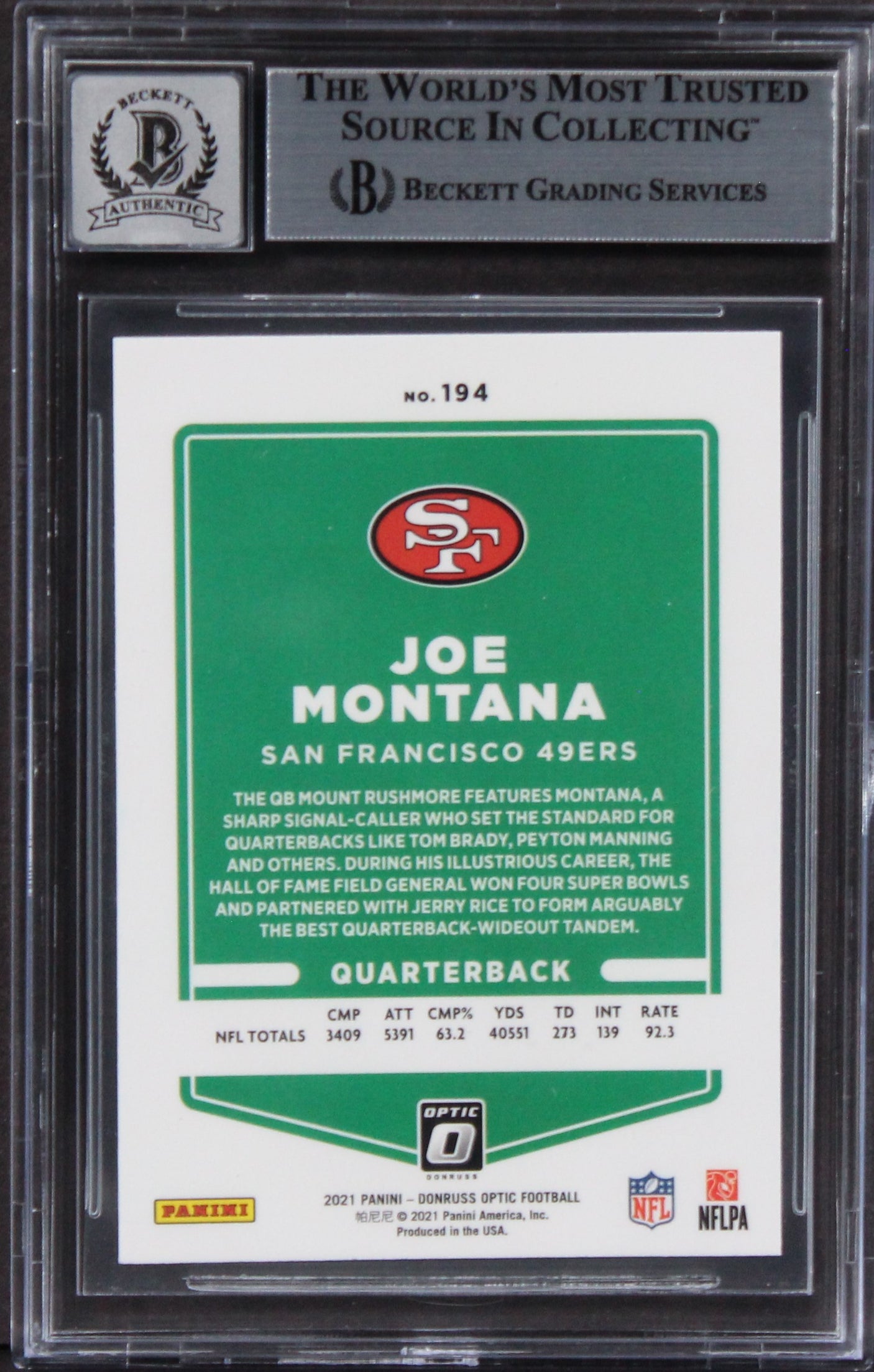 49ers Joe Montana Signed 2021 Donruss Optic #194 Card Auto Graded 10! BAS Slab