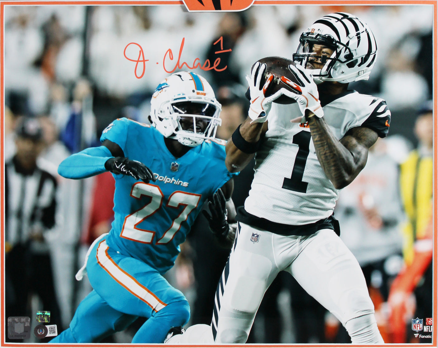 Bengals Ja'Marr Chase Signed 16x20 Framed Horizontal Photo vs. Dolphins BAS Wit