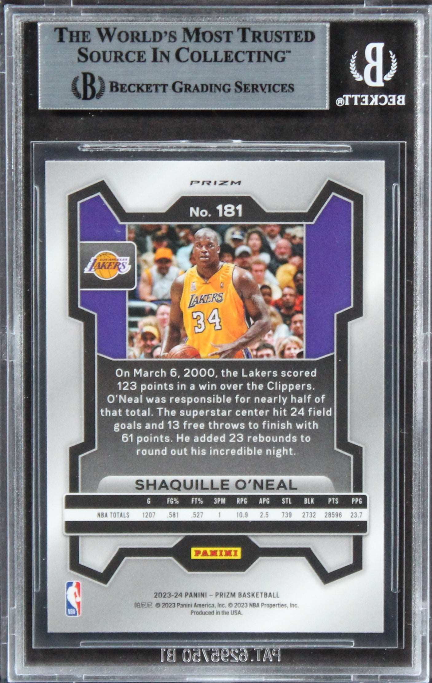 Shaquille O'neal Signed 2023 Panini Prizm Prizms Ice #181 Card BAS Slabbed