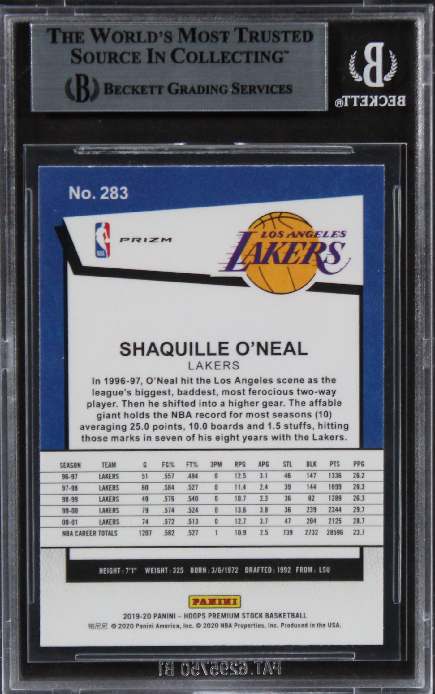 Shaquille O'neal Signed 2019 Hoops Premium Stock Prizms Flash #283 Card BAS Slab