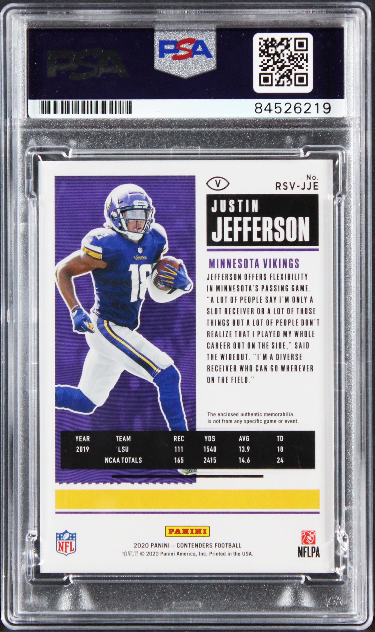 Justin Jefferson Signed 2020 Panini Contend #RSV-JJE RC Card Auto 10! PSA Slab