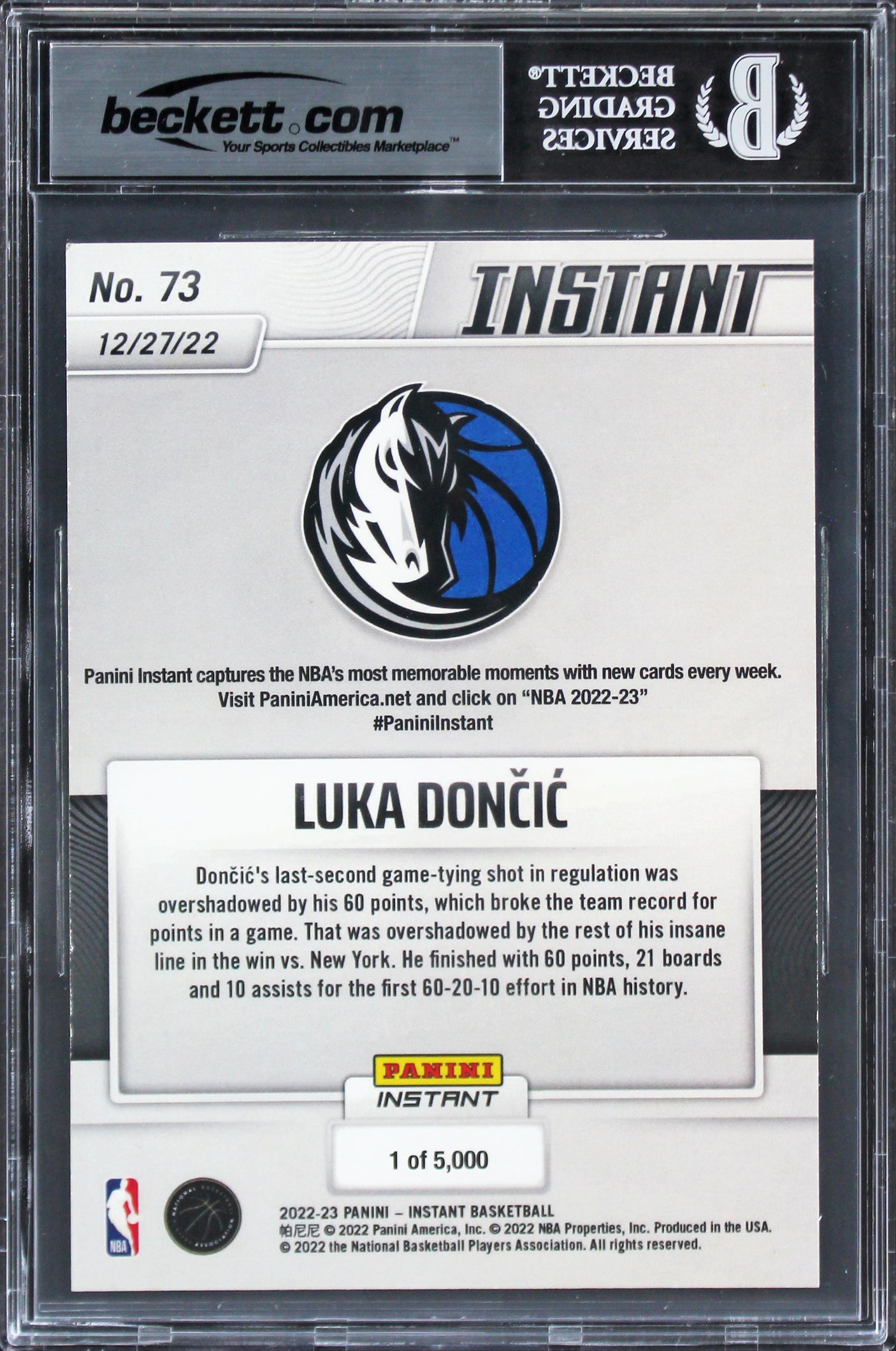 Luka Doncic Signed 2022 Panini Instant 60 Pt Triple Double #73 Card BAS Slabbed