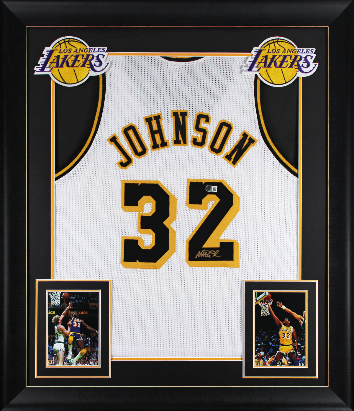 Magic Johnson Signed White Pro Style Framed Jersey w/ Black Numbers BAS Wit 2