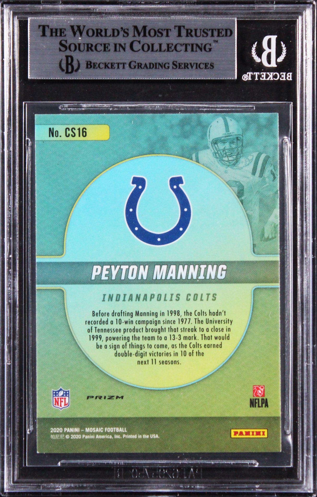 Colts Peyton Manning Signed 2020 Panini Mosaic Center Stage #16 Card BAS Slabbed