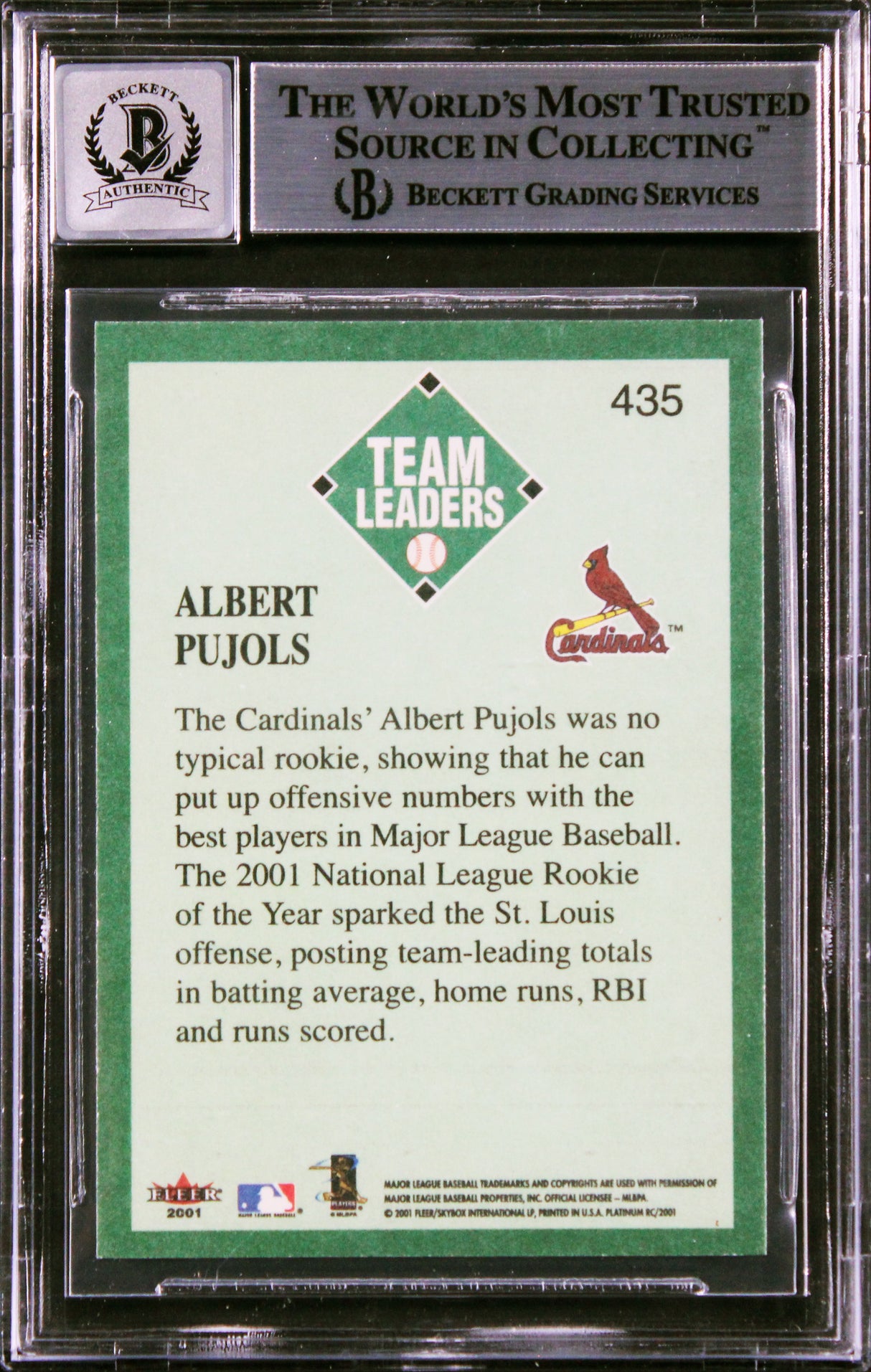 Cardinals Albert Pujols Signed 2001 Fleer Platinum #435 RC Card Auto 10 BAS Slab