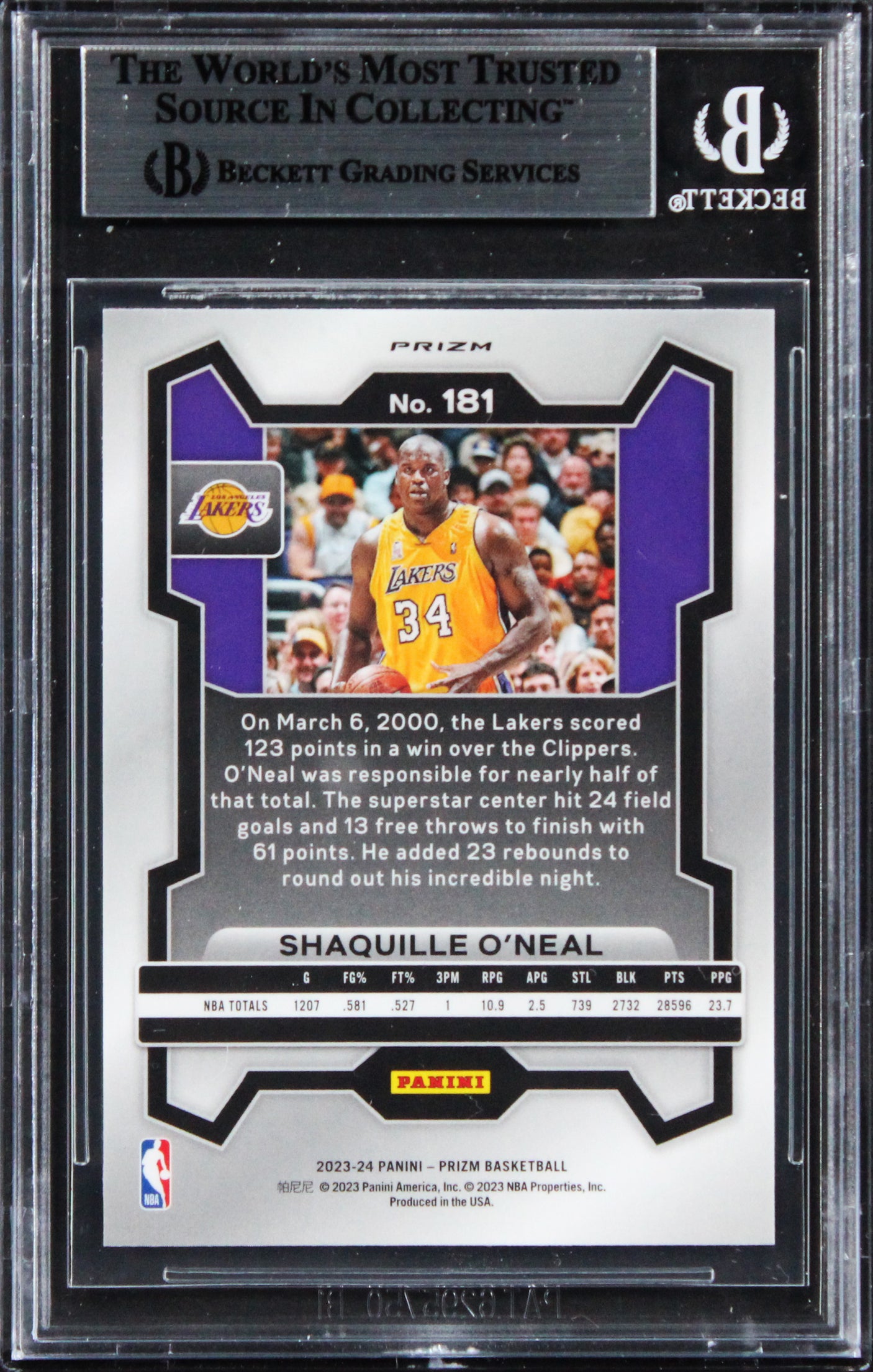 Lakers Shaquille O'Neal Signed 2023 Panini Prizm Pink Ice #181 Card BAS Slabbed