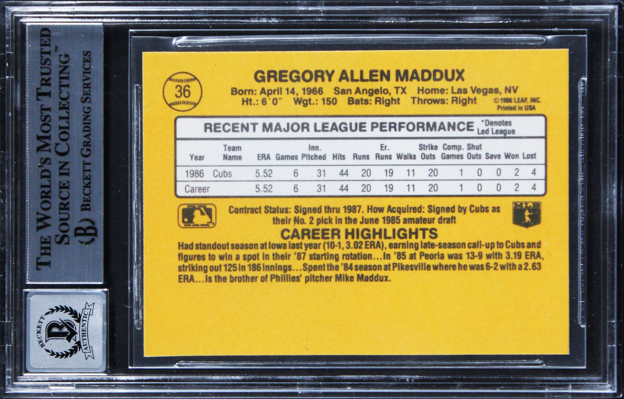 Cubs Greg Maddux "3x Insc" Signed 1997 Donruss #36 Card Auto GM 10! BAS Slabbed