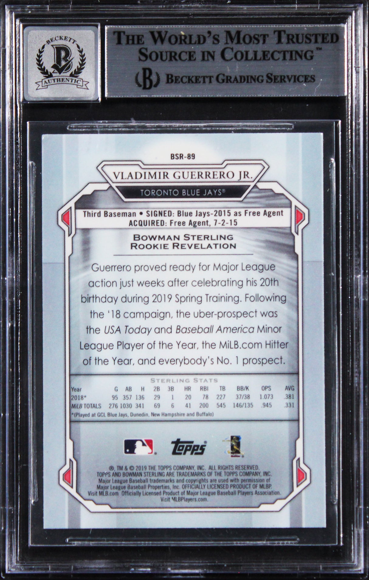 Blue Jays Vlad Guerrero Jr. Signed 2019 Bowman #BSR89 RC Card Auto 10! BAS Slab
