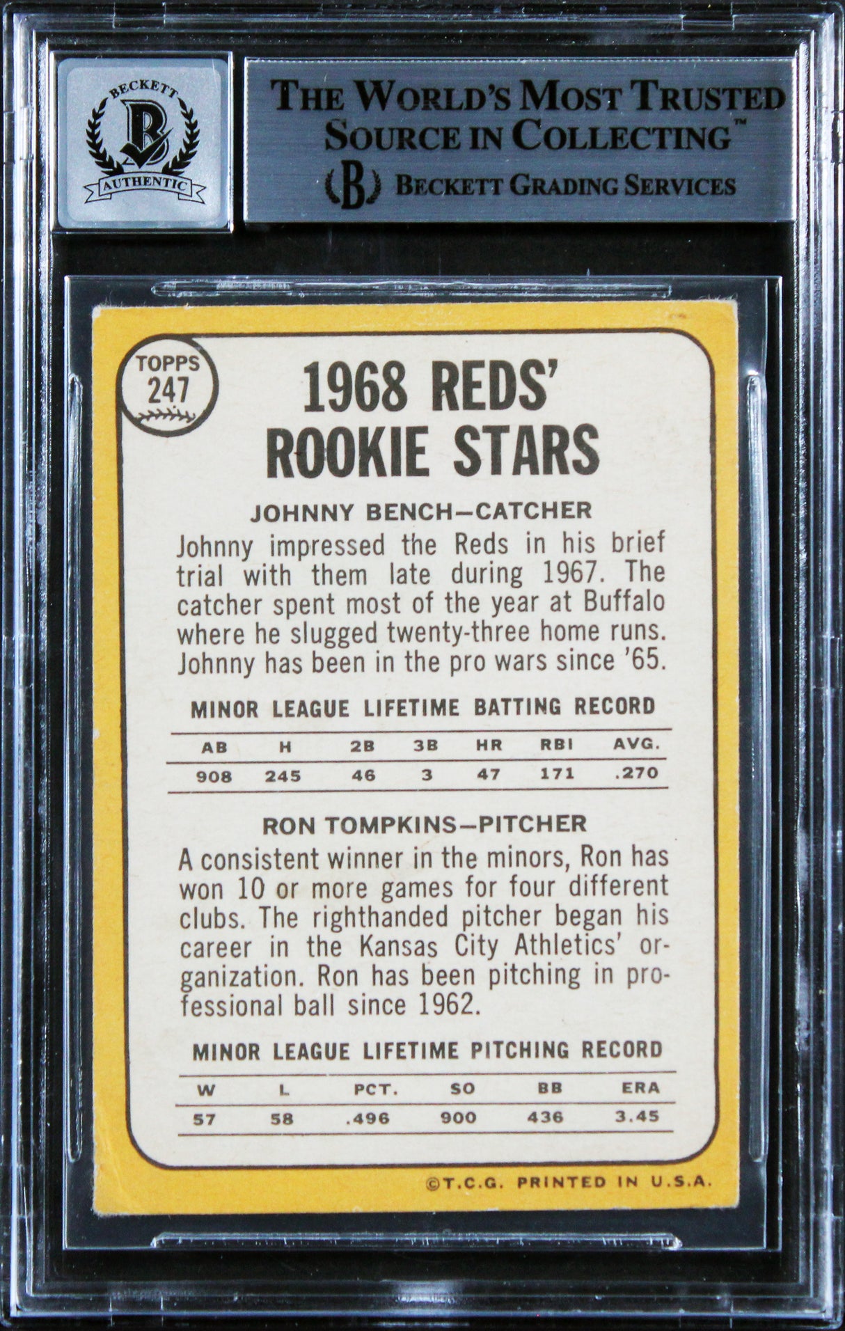 Reds Johnny Bench "68 NL ROY" Signed 1968 Topps #274A RC Card Auto 10! BAS Slab