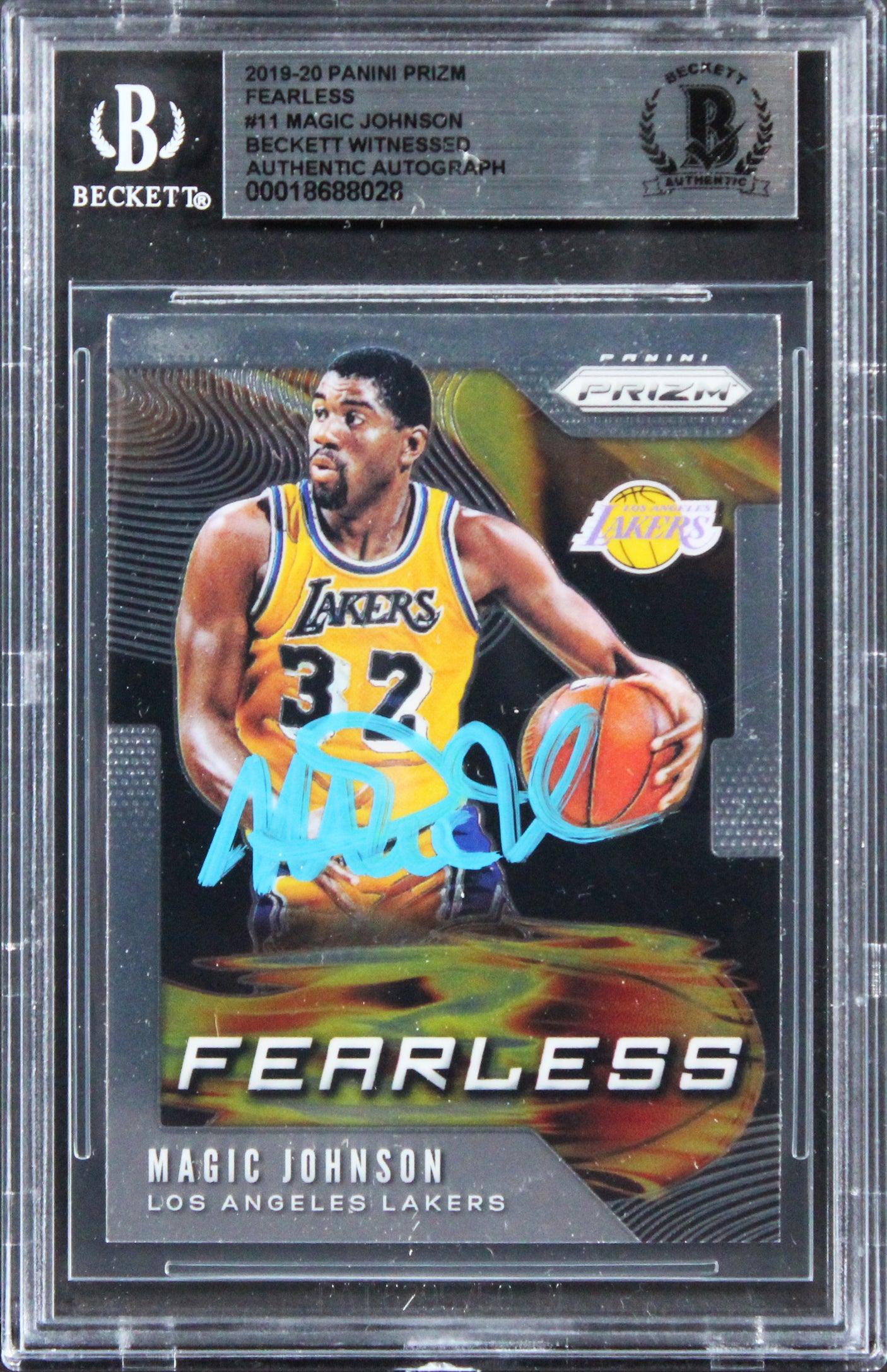 Lakers Magic Johnson Signed 2019 Panini Prizm Fearless #11 Card BAS Slabbed