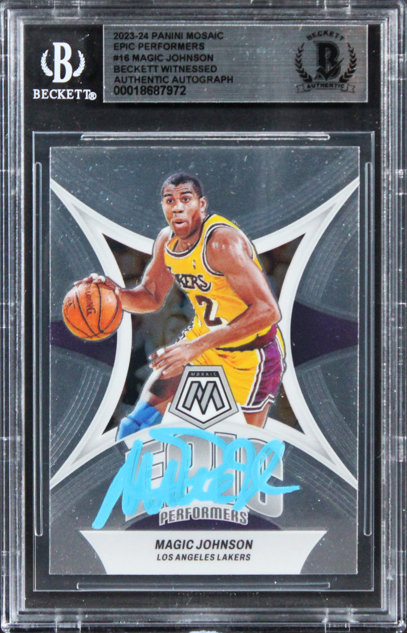Lakers Magic Johnson Signed 2023 Panini Mosaic Epic Performers #16 Card BAS Slab