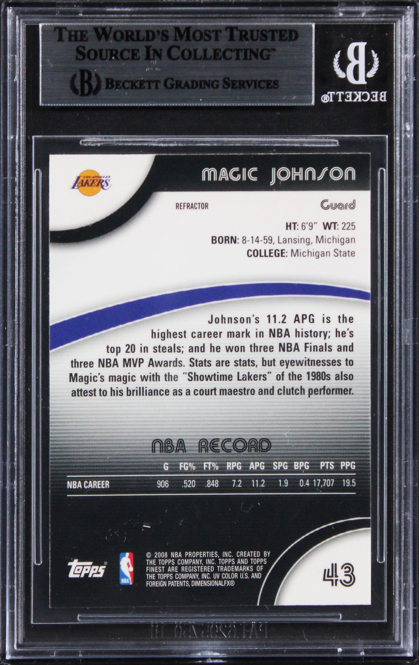 Lakers Magic Johnson Signed 2007 Finest Refractors #43 Card BAS Slabbed