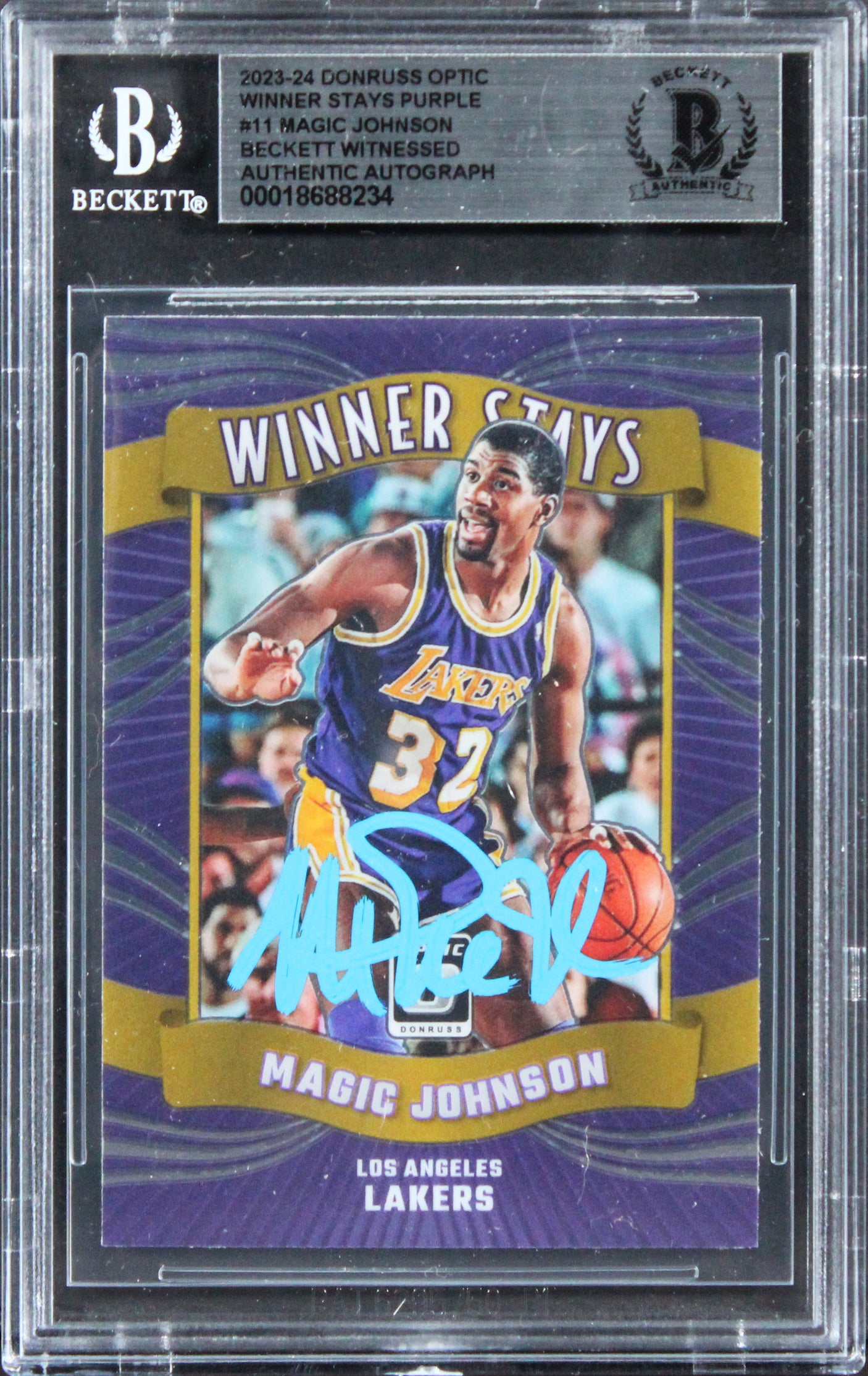 Magic Johnson Signed 2023 Donruss Optic Winner Stays Purple #11 Card BAS Slabbed