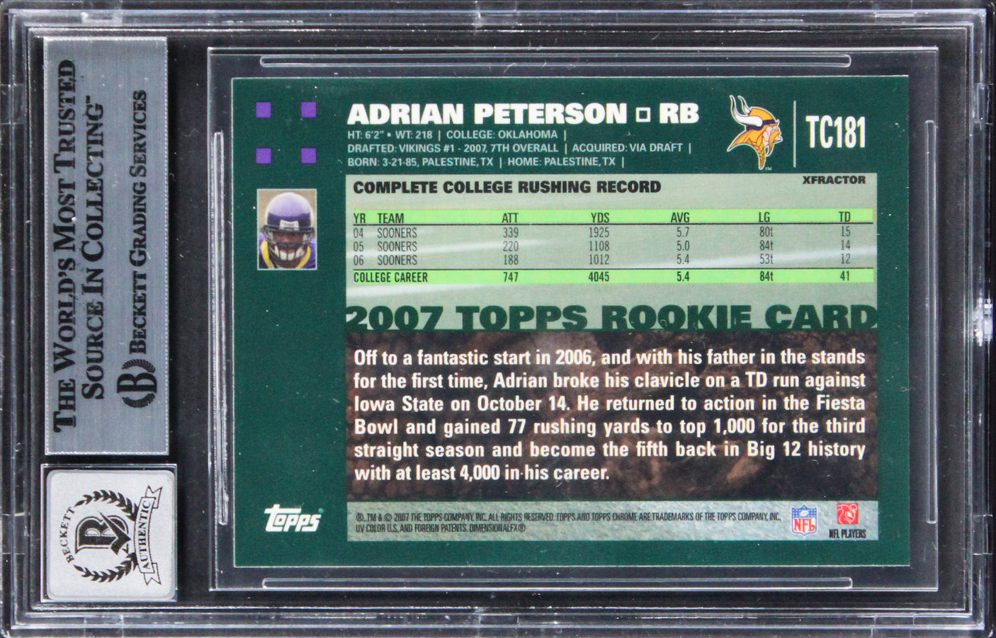 Adrian Peterson Signed 2007 Topps Xfractors #TC181 RC Card Auto 10! BAS Slabbed