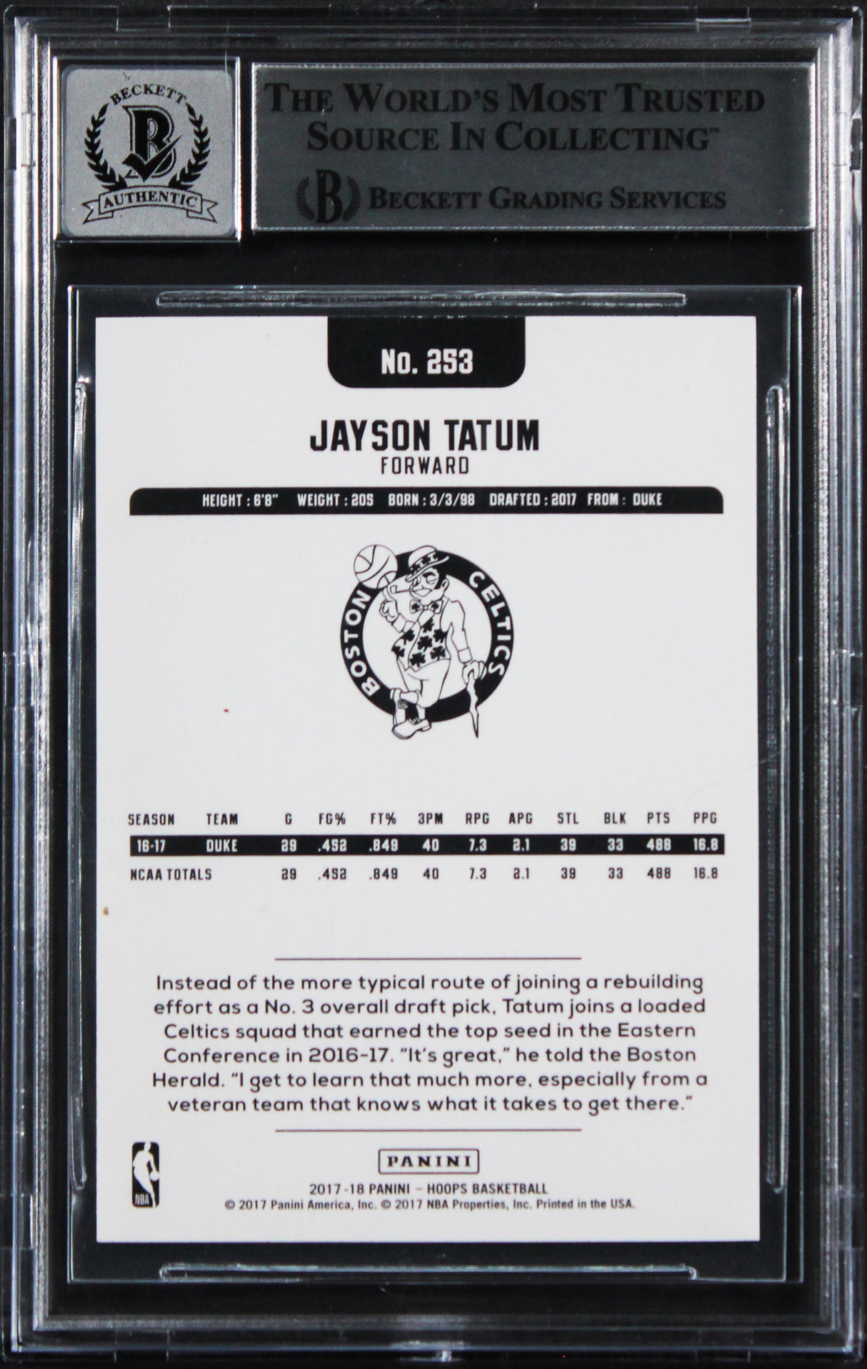 Celtics Jayson Tatum Signed 2017 Hoops Blue #253 RC Card Auto 10! BAS Slabbed