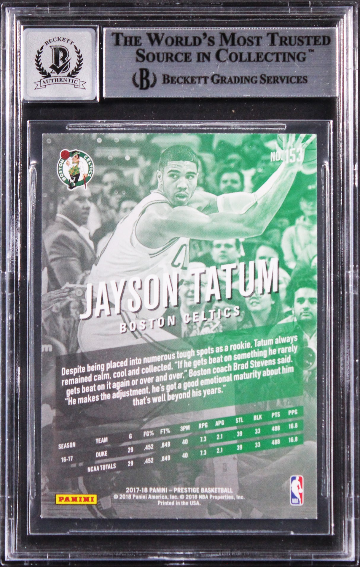 Celtics Jayson Tatum Signed 2017 Prestige #153 Rookie Card Auto 10! BAS Slabbed