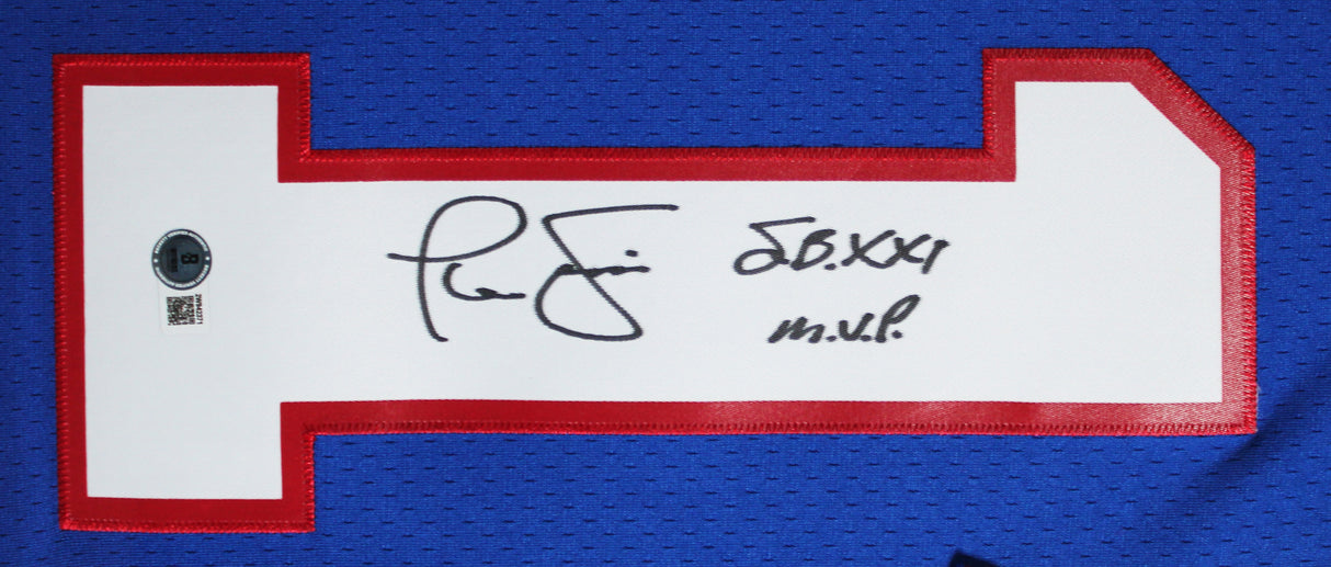 Giants Phil Simms "SB XXI MVP" Signed Blue M&N Framed Jersey BAS Witnessed