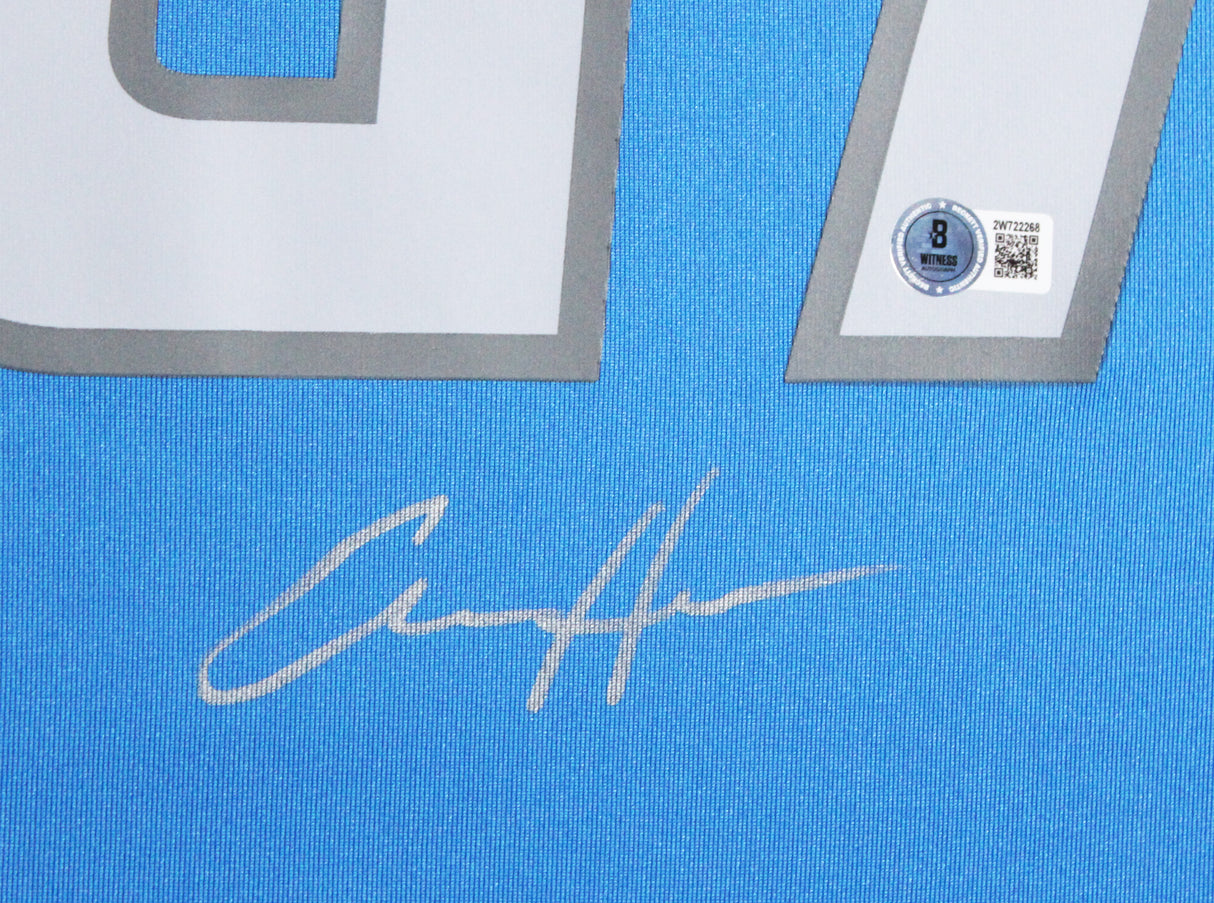 Lions Aidan Hutchinson Signed Blue Nike Game Framed Jersey w/ Silver Sig BAS Wit