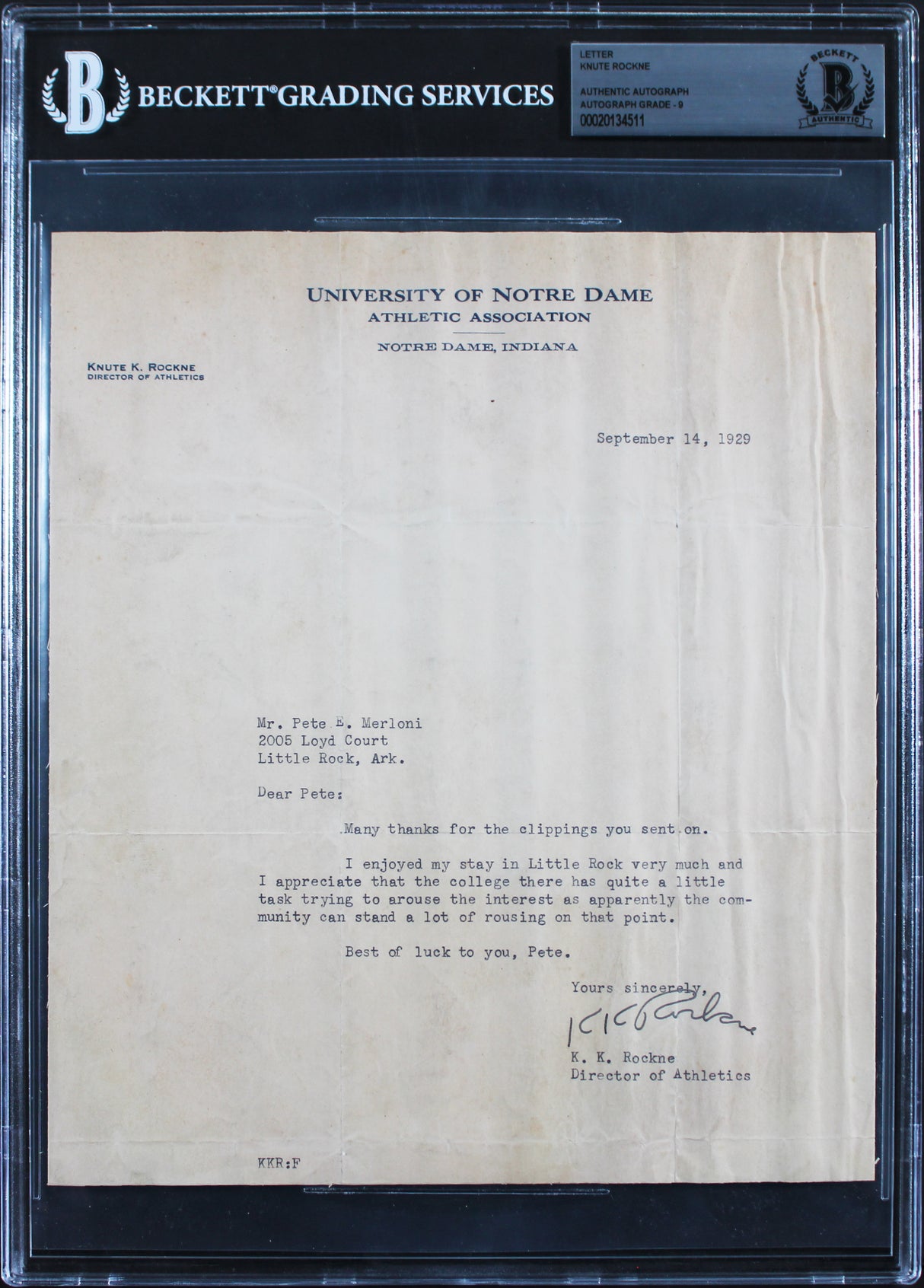 Notre Dame Knute Rockne Authentic Signed 8x9 1929 Letter Auto Graded 9! BAS Slab
