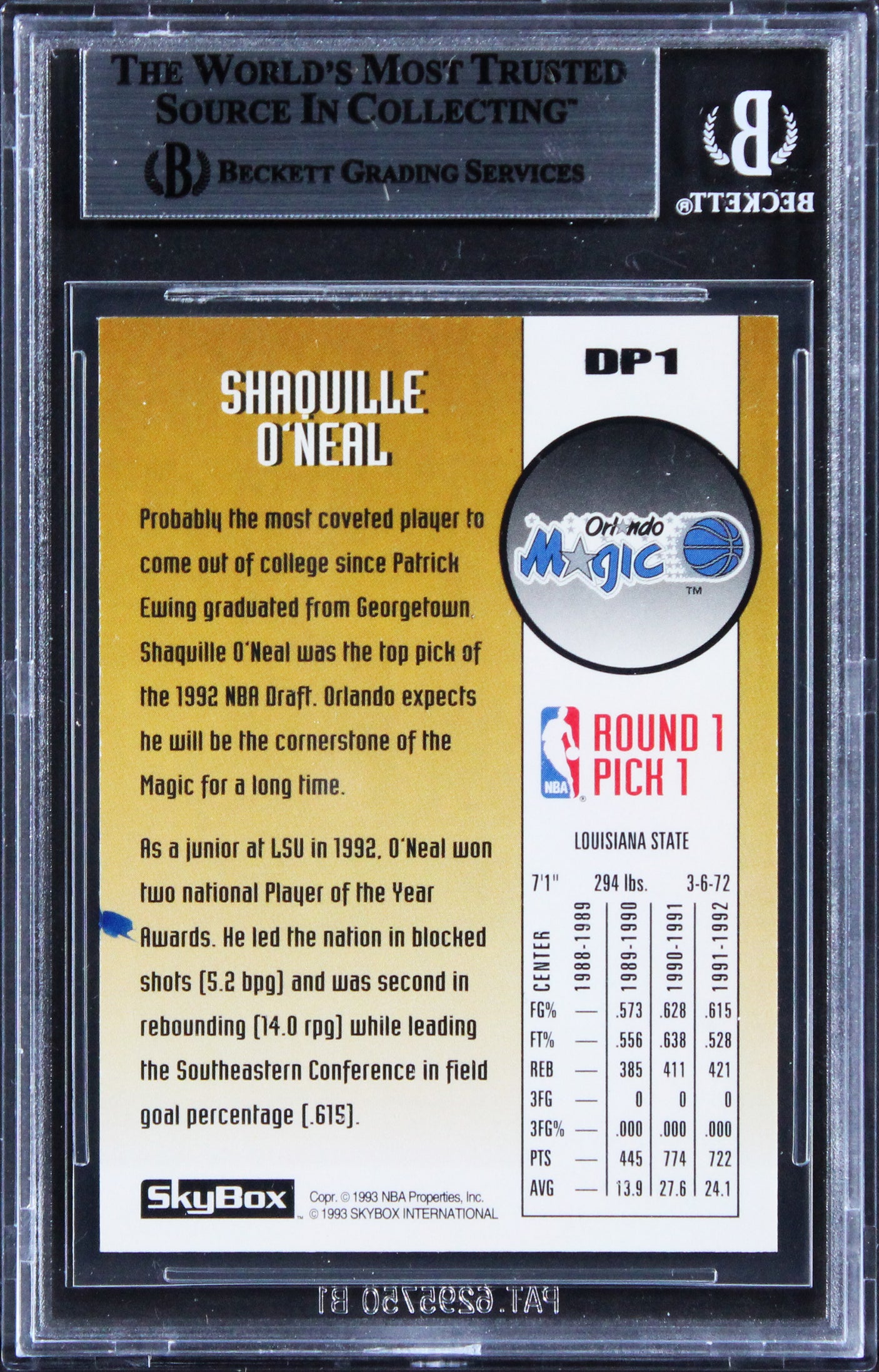 Magic Shaquille O'Neal Signed 1992 Skybox Draft Picks #DP1 Rookie Card BAS Slab