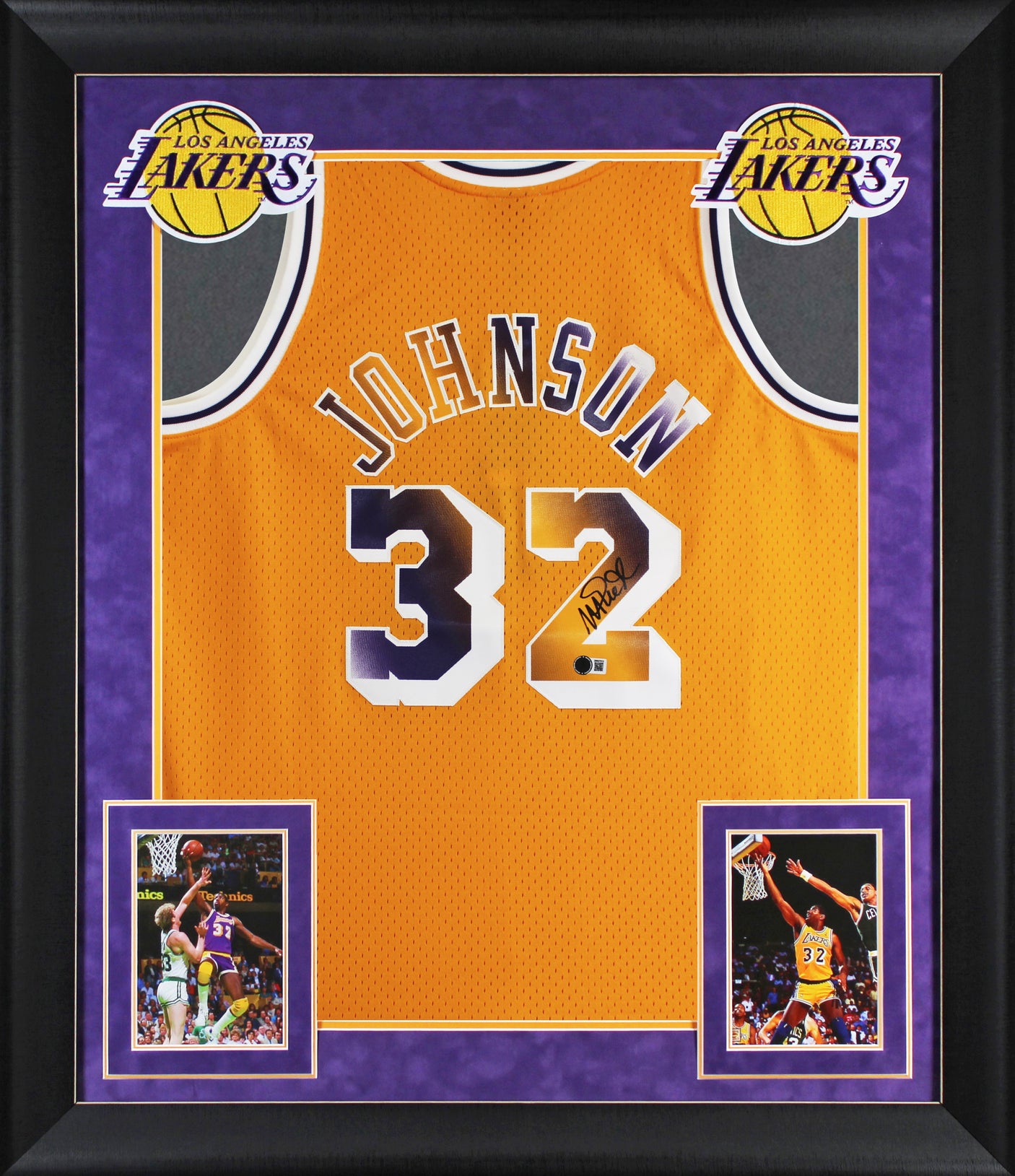 Lakers Magic Johnson Signed Yellow M&N Swingman w/ Two-Tone #s Framed Jersey BAS