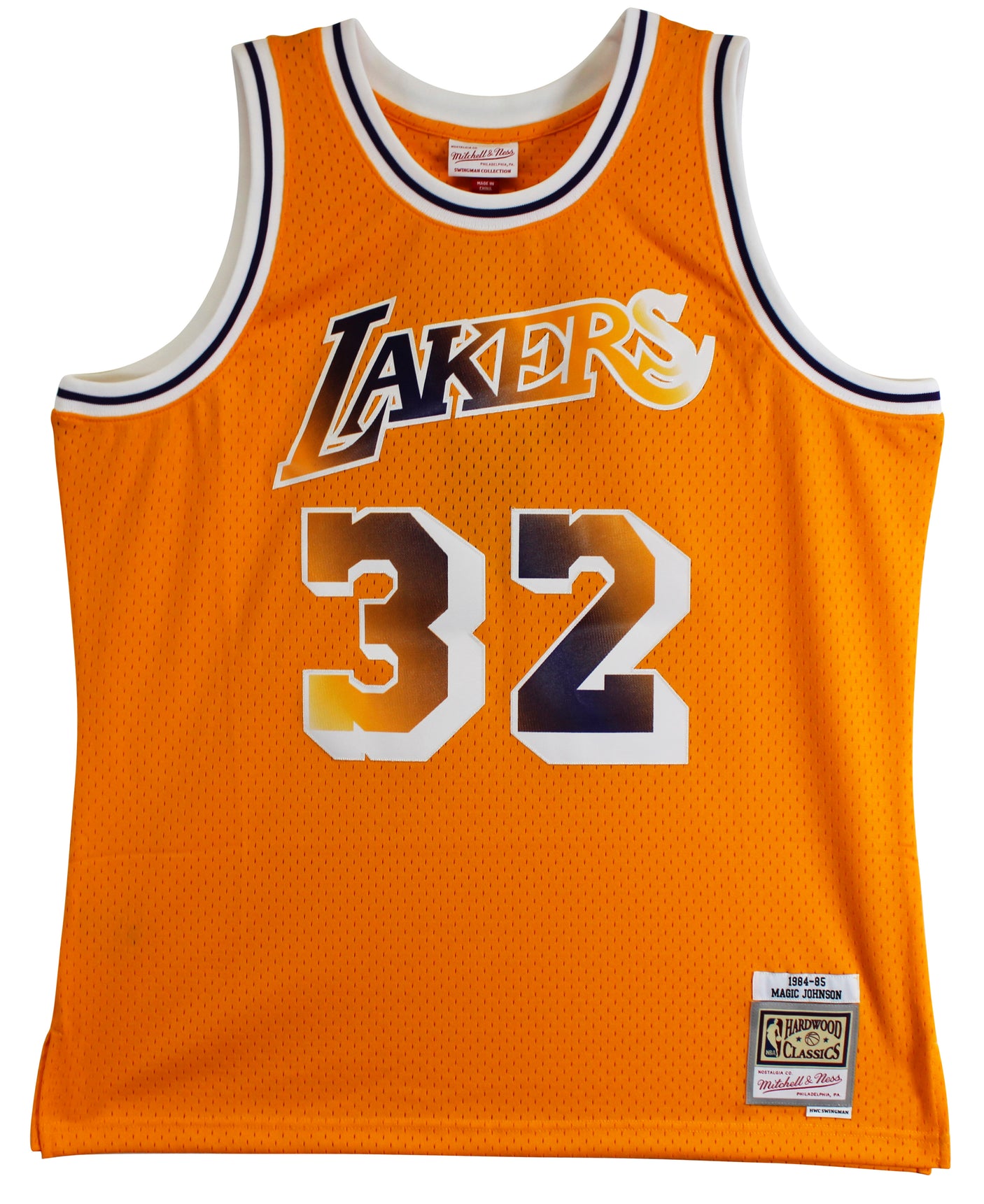 Lakers Magic Johnson Signed Yellow M&N HWC Swingman w/ Two-Tone #'s Jersey BAS W