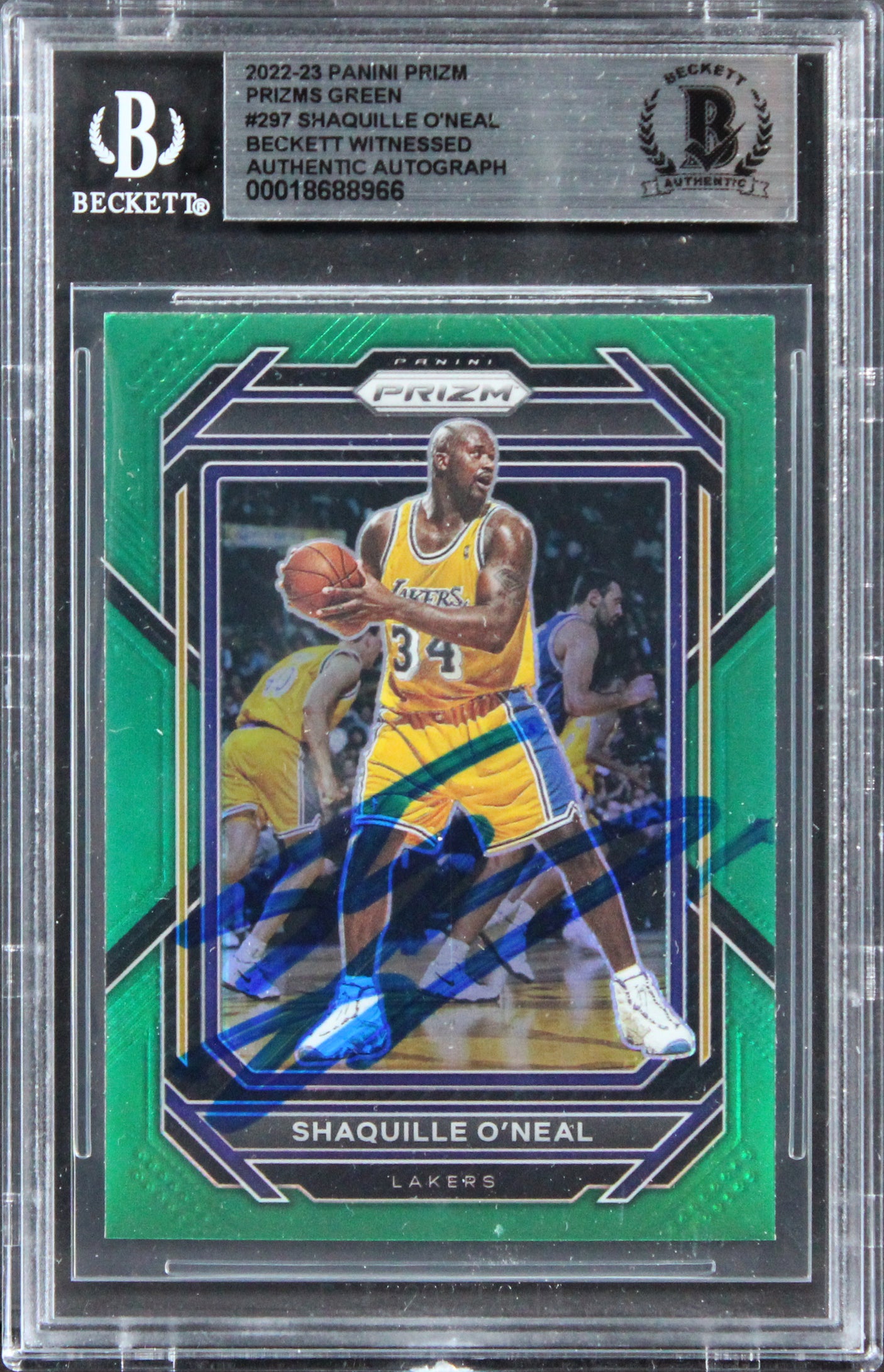 Lakers Shaquille O'Neal Signed 2022 Panini Prizm Green #297 Card BAS Slabbed