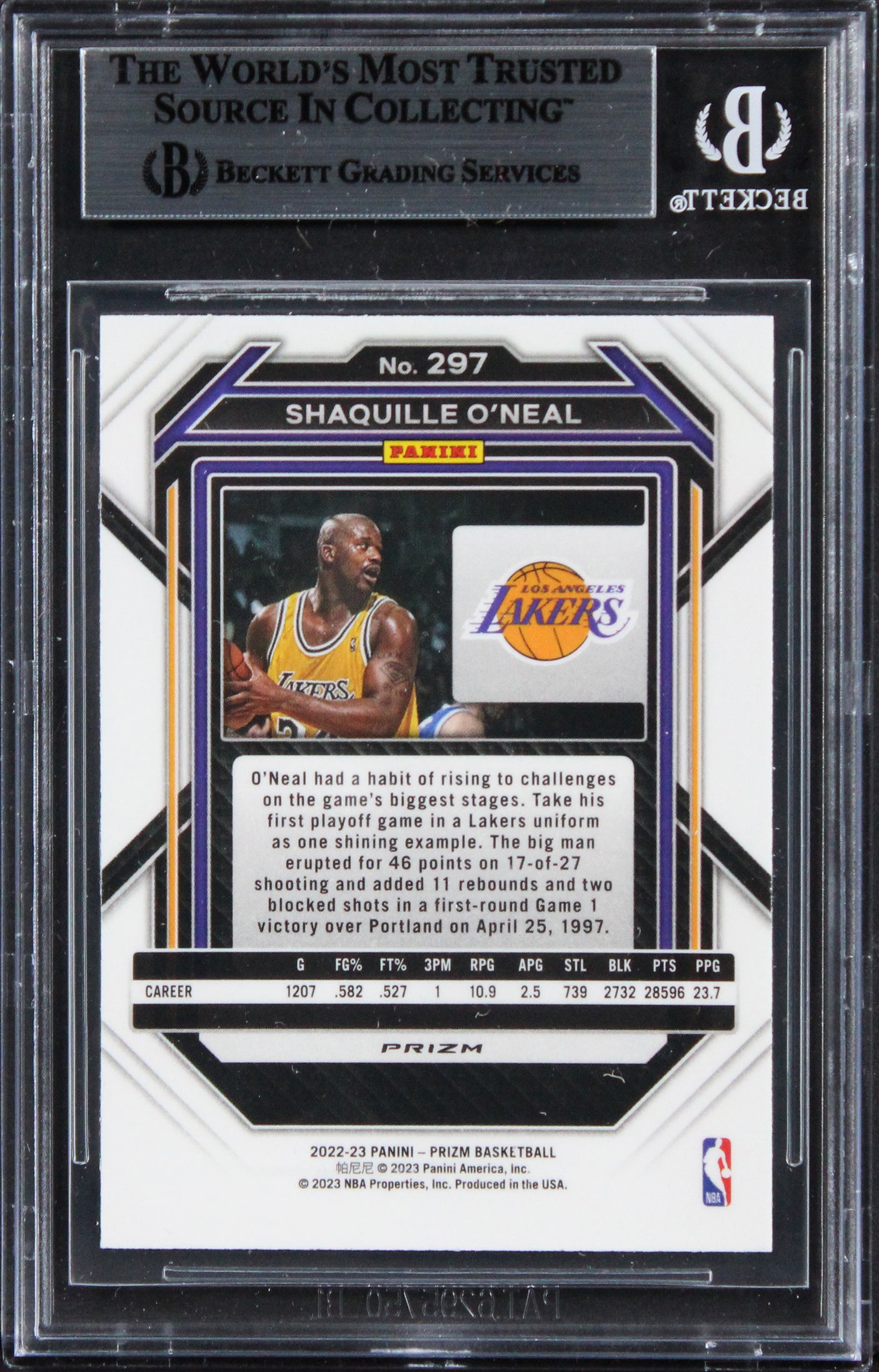 Lakers Shaquille O'Neal Signed 2022 Panini Prizm Silver #297 Card BAS Slabbed