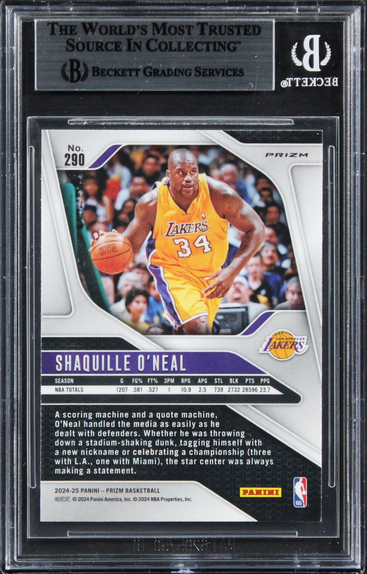 Lakers Shaquille O'Neal Signed 2024 Panini Prizm Silver #290 Card BAS Slabbed