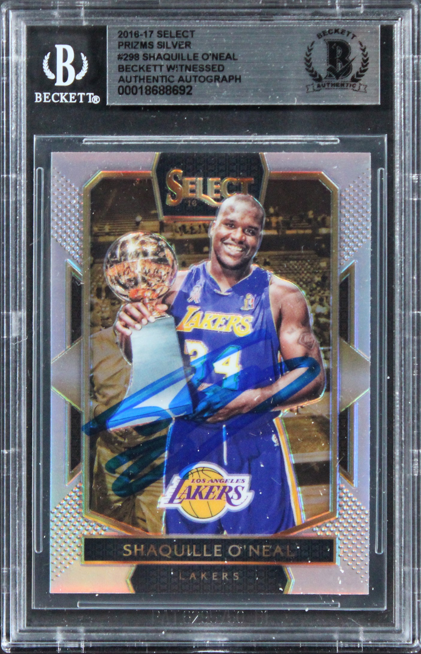 Lakers Shaquille O'Neal Signed 2016 Select Prizms Silver #298 Card BAS Slabbed