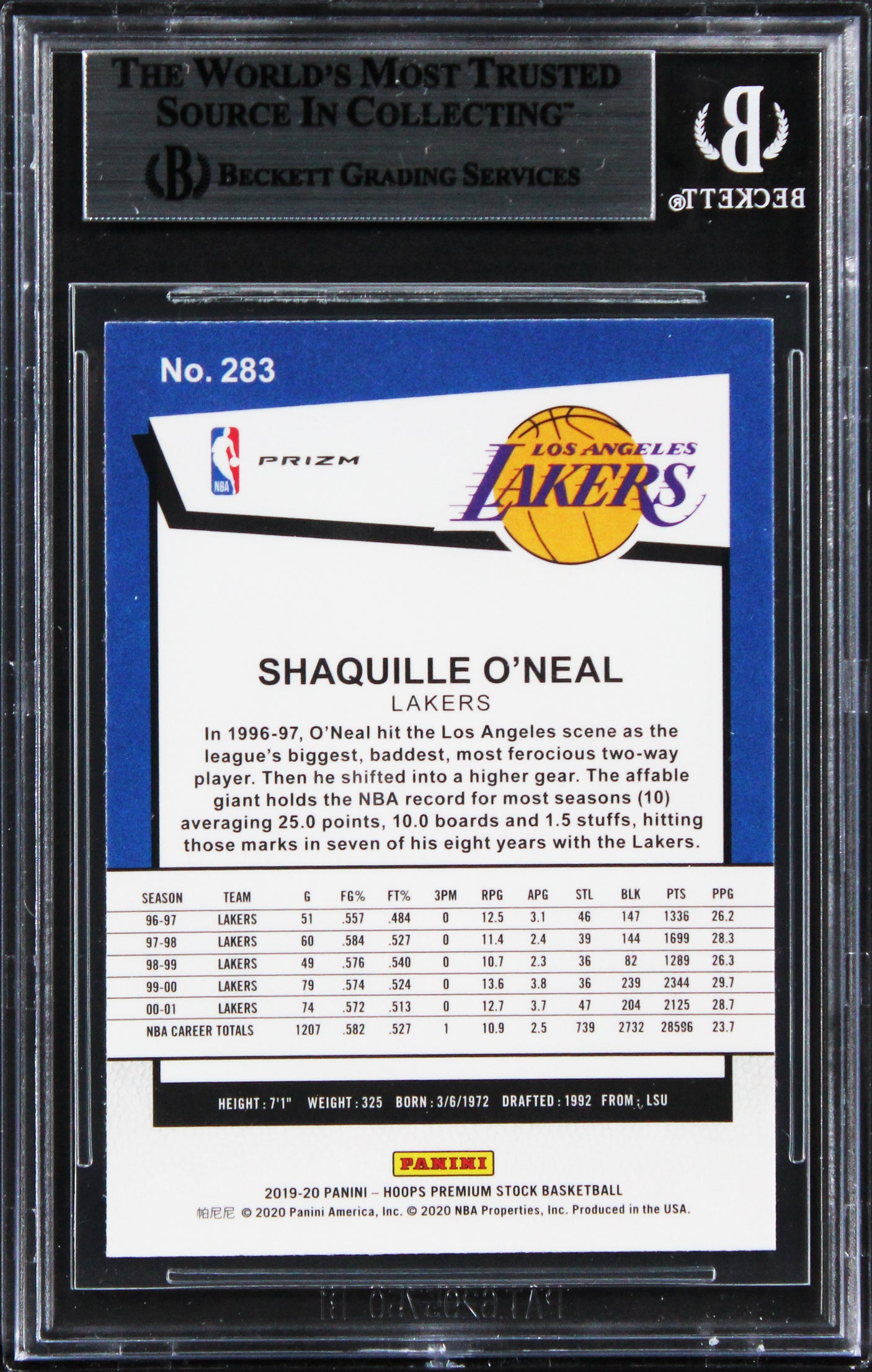 Shaquille O'Neal Signed 2019 Hoops Prem Stock Prizms Silver #283 Card BAS Slab
